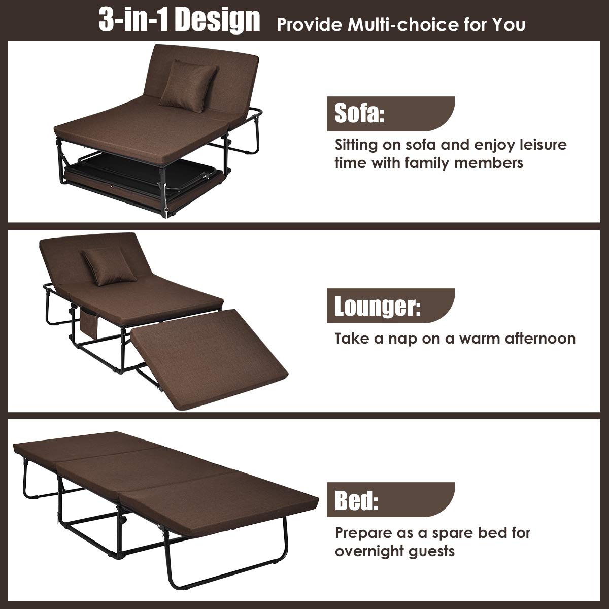 Folding Bed, 3 in 1 Convertible Sleeper Bed with Mattress, Adjustable with 6 Positions