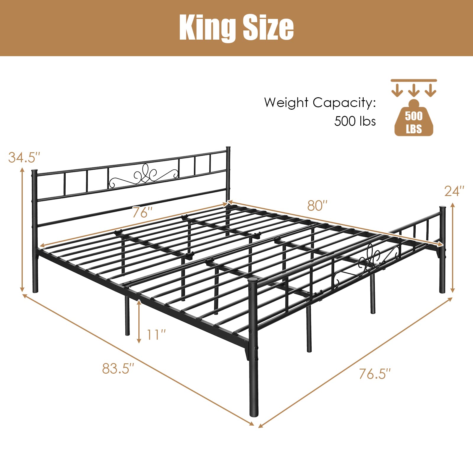 Metal Platform Bed Frame with Headboard & Footboard, Reinforced Metal Slats Supported Mattress Foundation