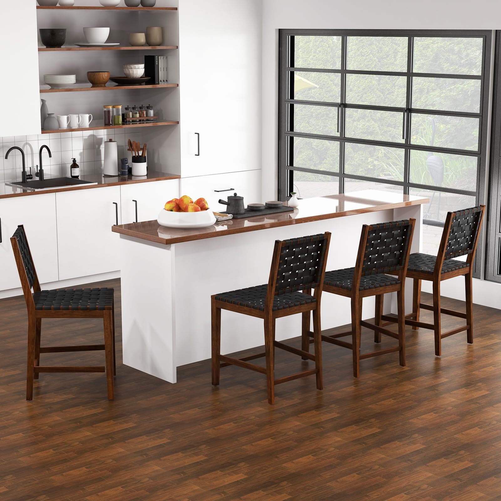 24" Counter Height Bar Stools Set of 2/4, Solid Wood Woven Rustic Barstools w/Faux PU Leather Straps