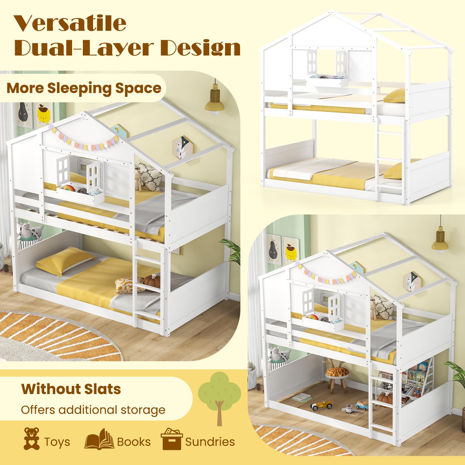 Twin Over Twin Wood House Bunk Bed for Kids with Roof, Window Door, Storage Box, Safety Guardrails, Wood Slats & Ladder