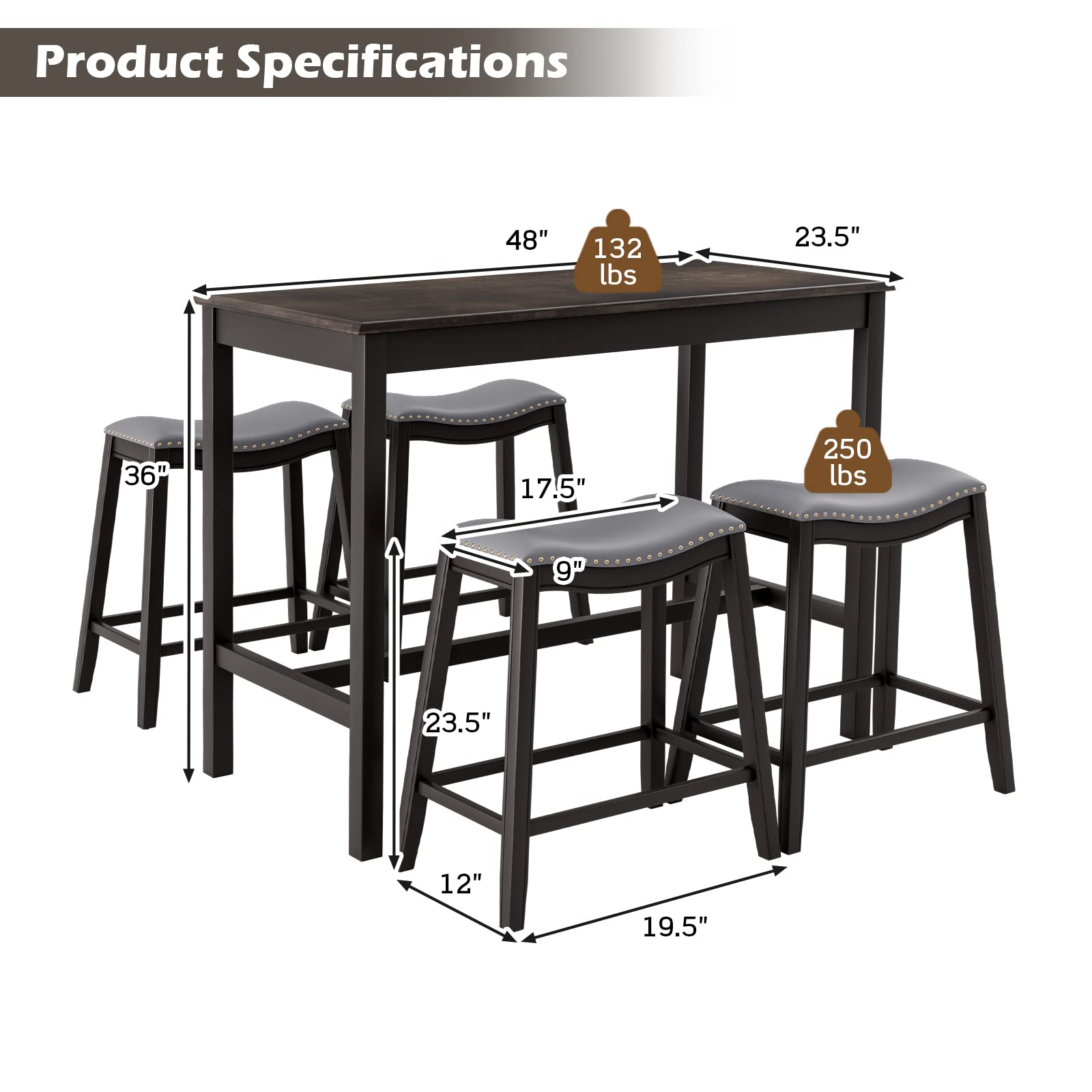 Dining Table Set for 4, Kitchen Counter Height Table w/ 4 Stools, 5 Piece Bistro Table Set