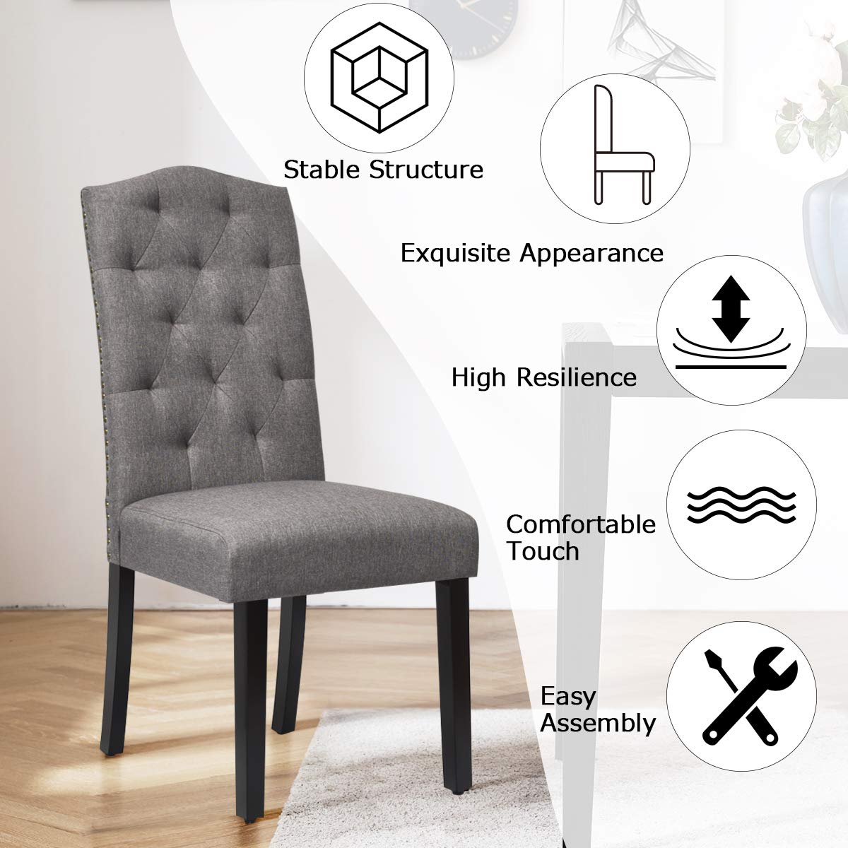 Set of 2/4 Tufted Fabric Dining Chairs with Padded Seat and Tall Backrest