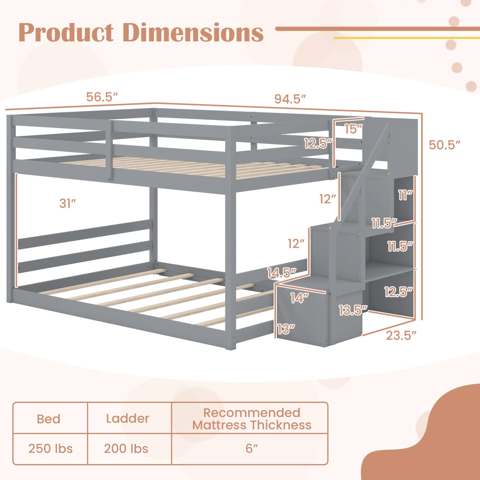 Bunk Bed with Stairs, Solid Wood Floor Bunk Bed with Storage Staircase & Full-Length Guardrails