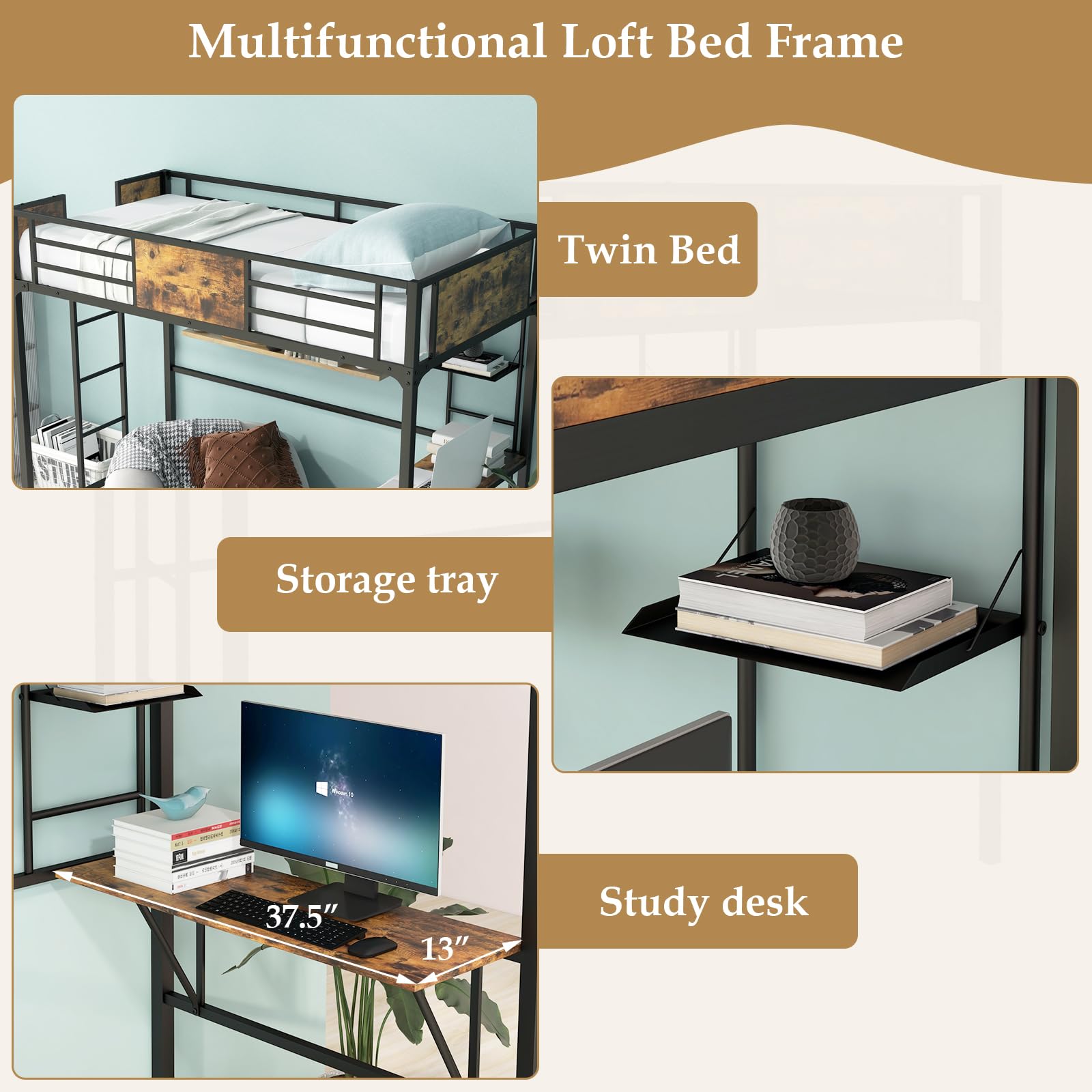Metal Twin Loft Bed with Desk and Storage Shelf