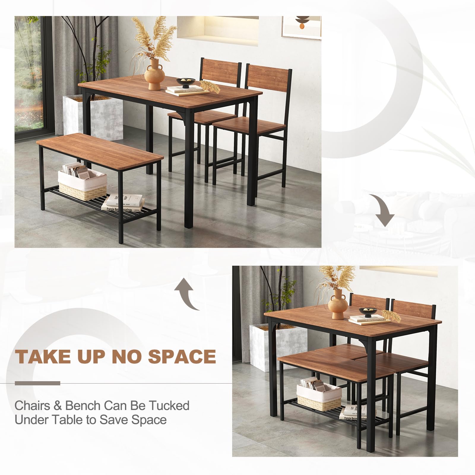 Dining Table Set for 4, Industrial Gathering Bench Dining Set W/Metal Frame & Storage Rack
