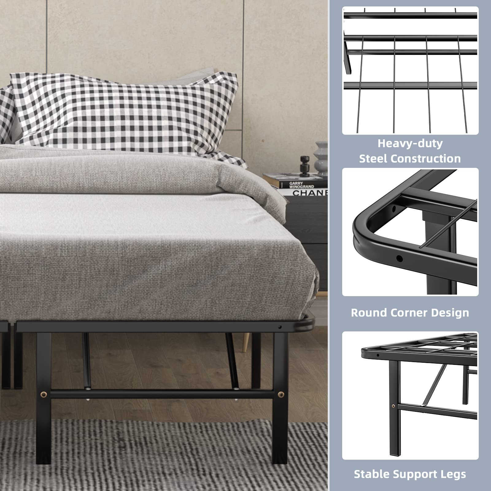 14 Inch Foldable Metal Platform Bed Frame, Tool-Free Assemble, Heavy Duty Folding Bed Frame w/Steel Slat & Underbed Storage