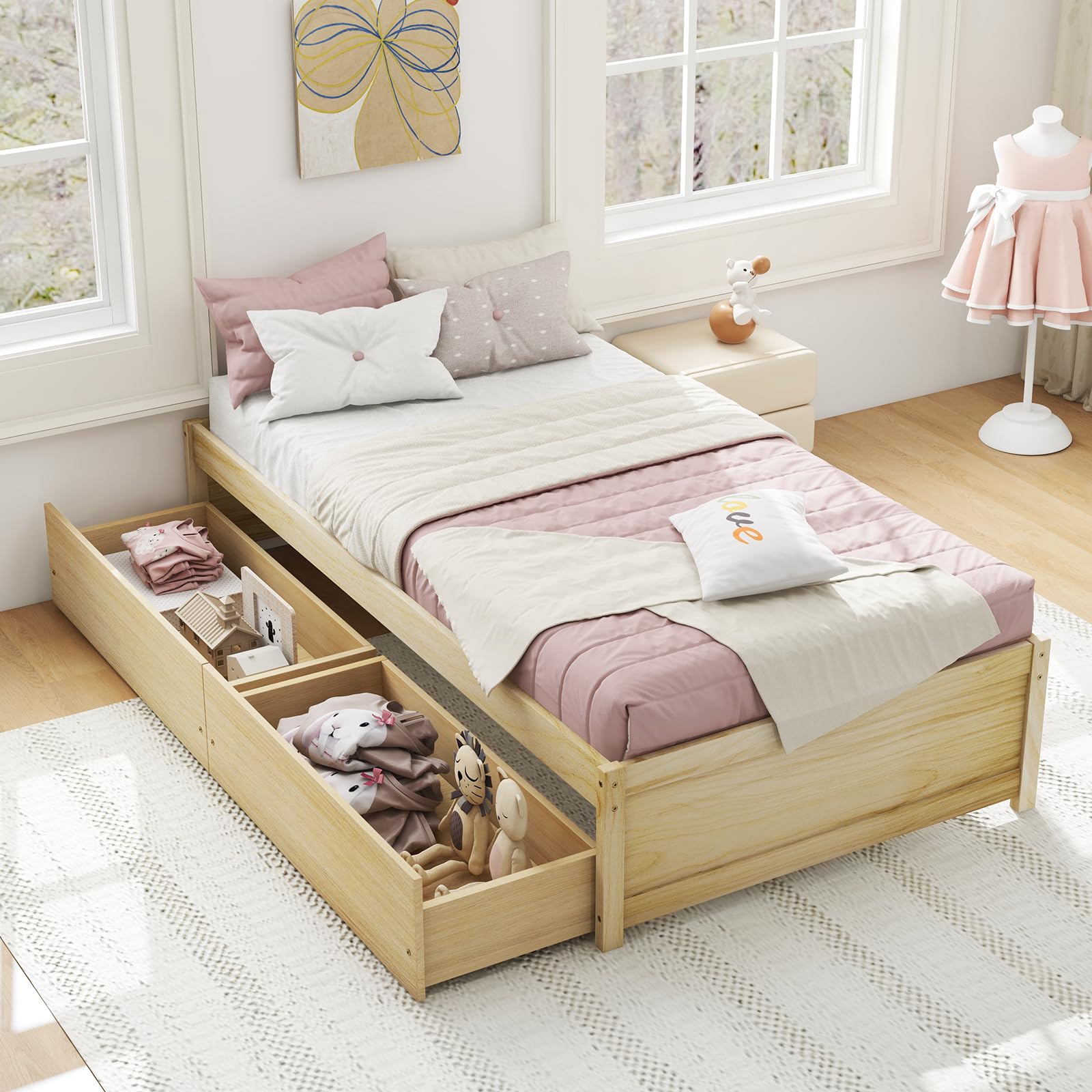 Bed Frame with 2 Storage Drawers, Solid Wood Platform Bed with Slats Support
