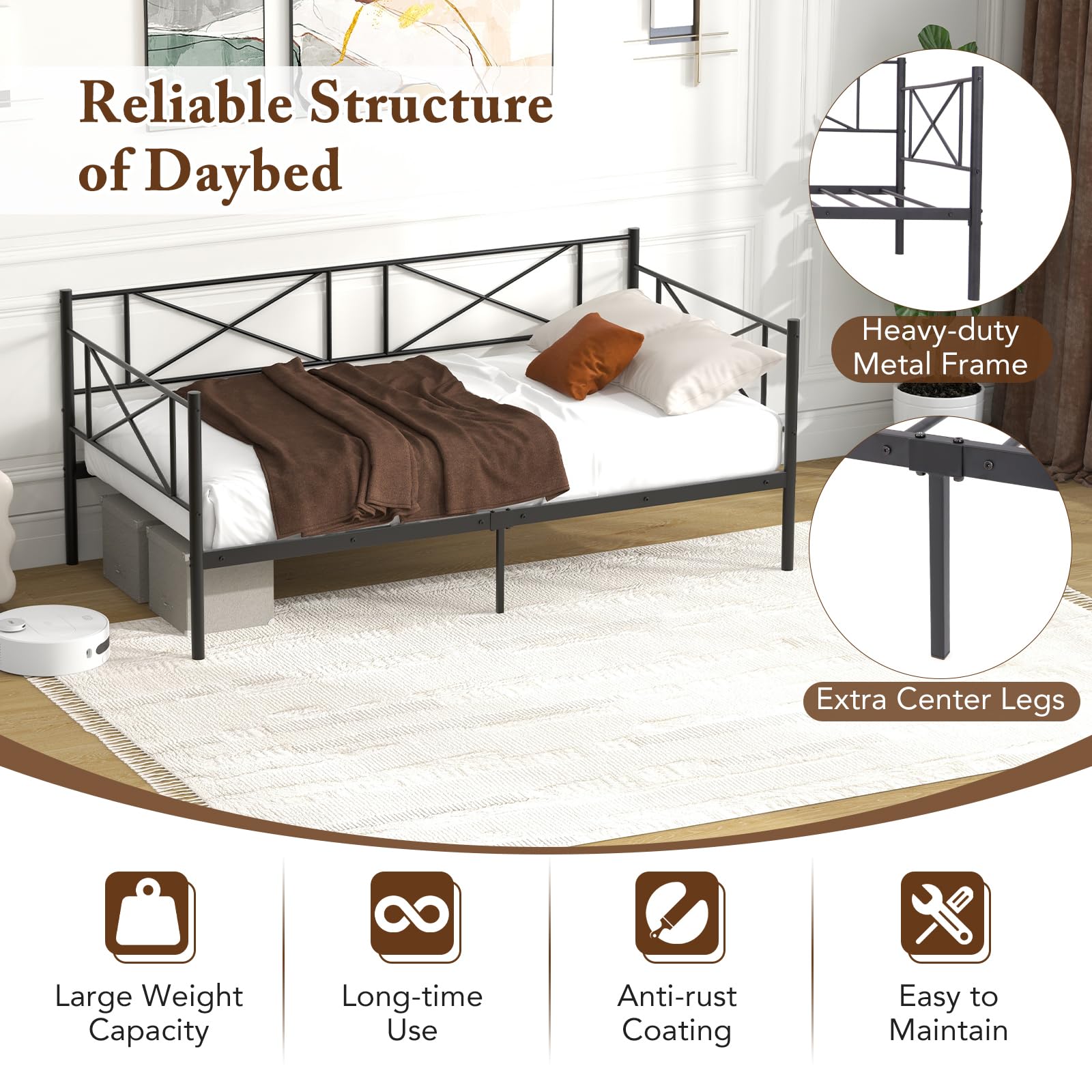 Twin Size Metal Daybed Frame Modern 2-in-1 Sofa Daybed