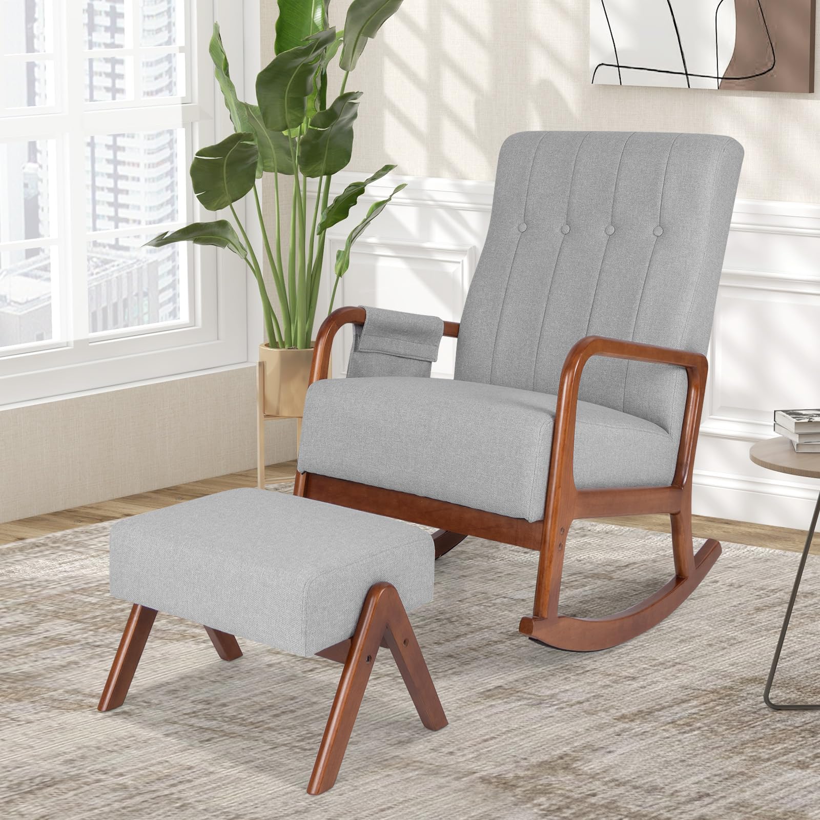 Nursery Rocking Chair with Ottoman, Upholstered Rocker Chair with Side Pocket