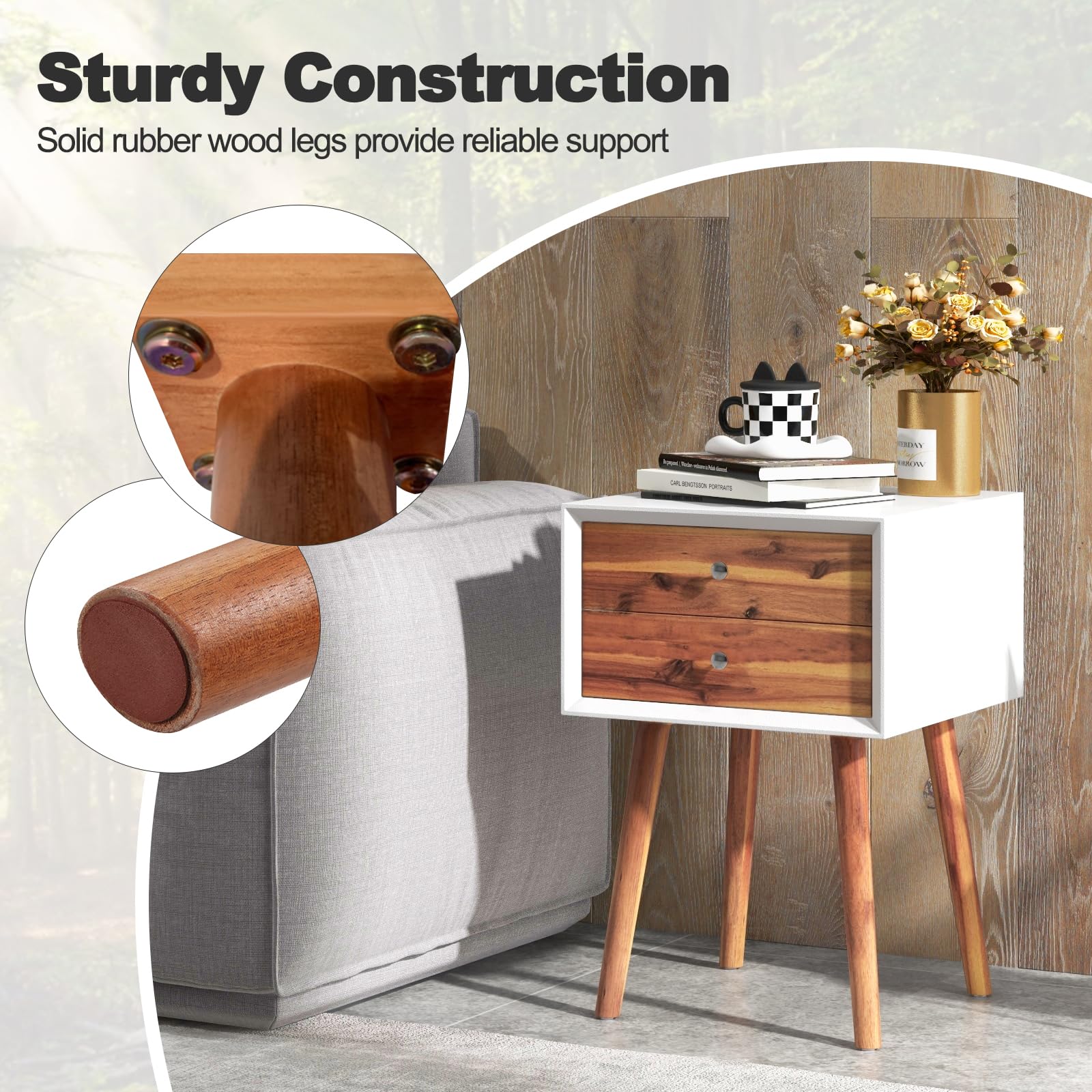 2-Drawer Nightstand, Mid-Century Modern Bed Side Table with Storage