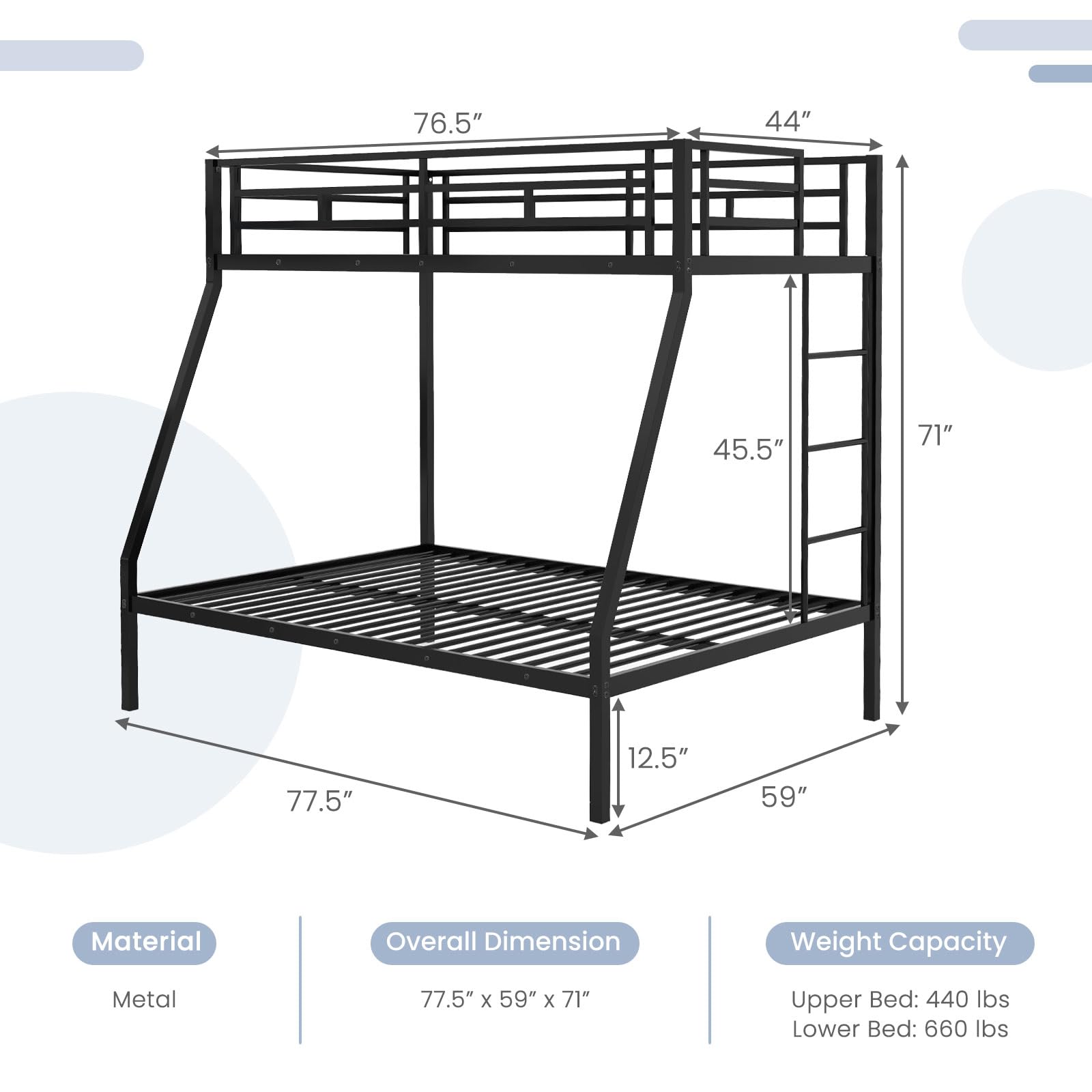 Metal Twin Over Full Bunk Bed, Heavy Duty Bed Frame with Integrated Ladder, Full-Length Guardrails for Teens & Adults