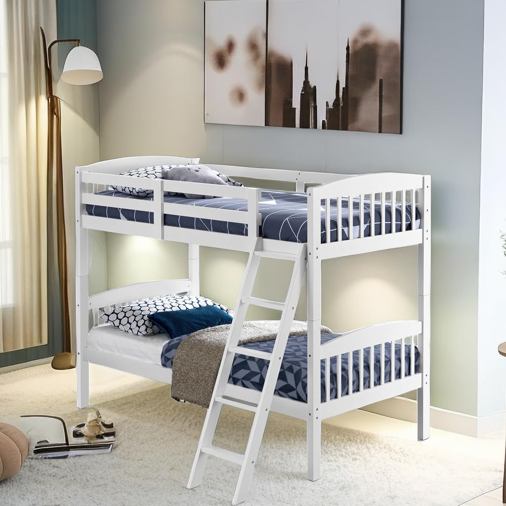 Twin Over Twin Bunk Beds, Convertible Into Two Individual Solid Rubberwood Beds