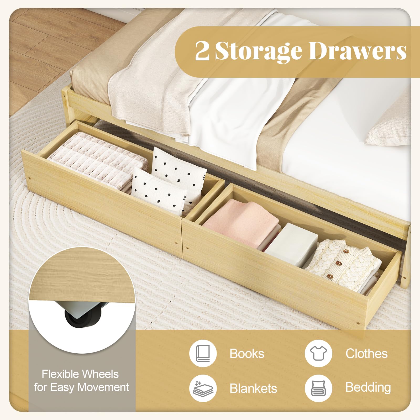 Bed Frame with 2 Storage Drawers, Solid Wood Platform Bed with Slats Support