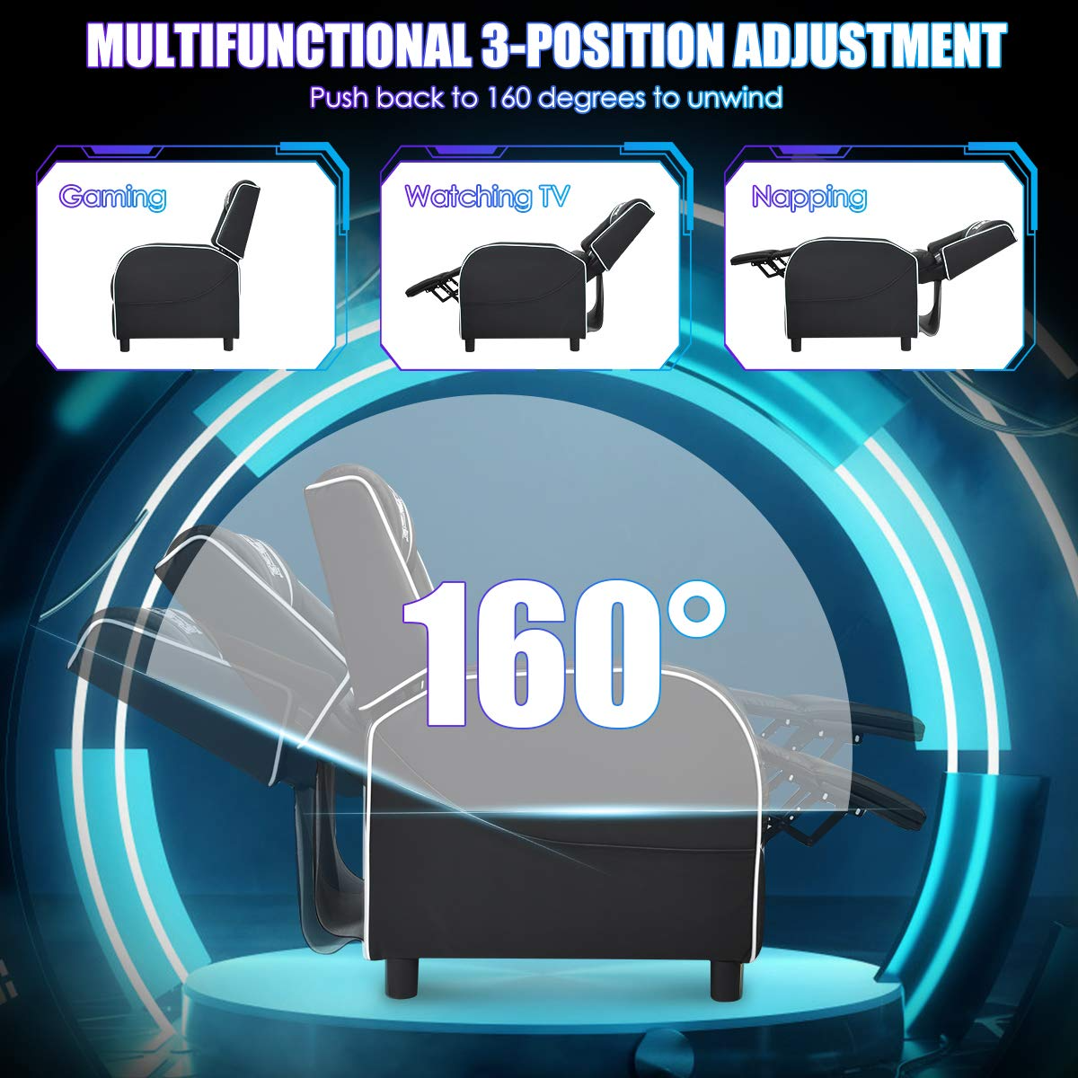 Adjustable Massage Gaming Chairs for Adults w/Footrest, Remote Control & Side Pocket