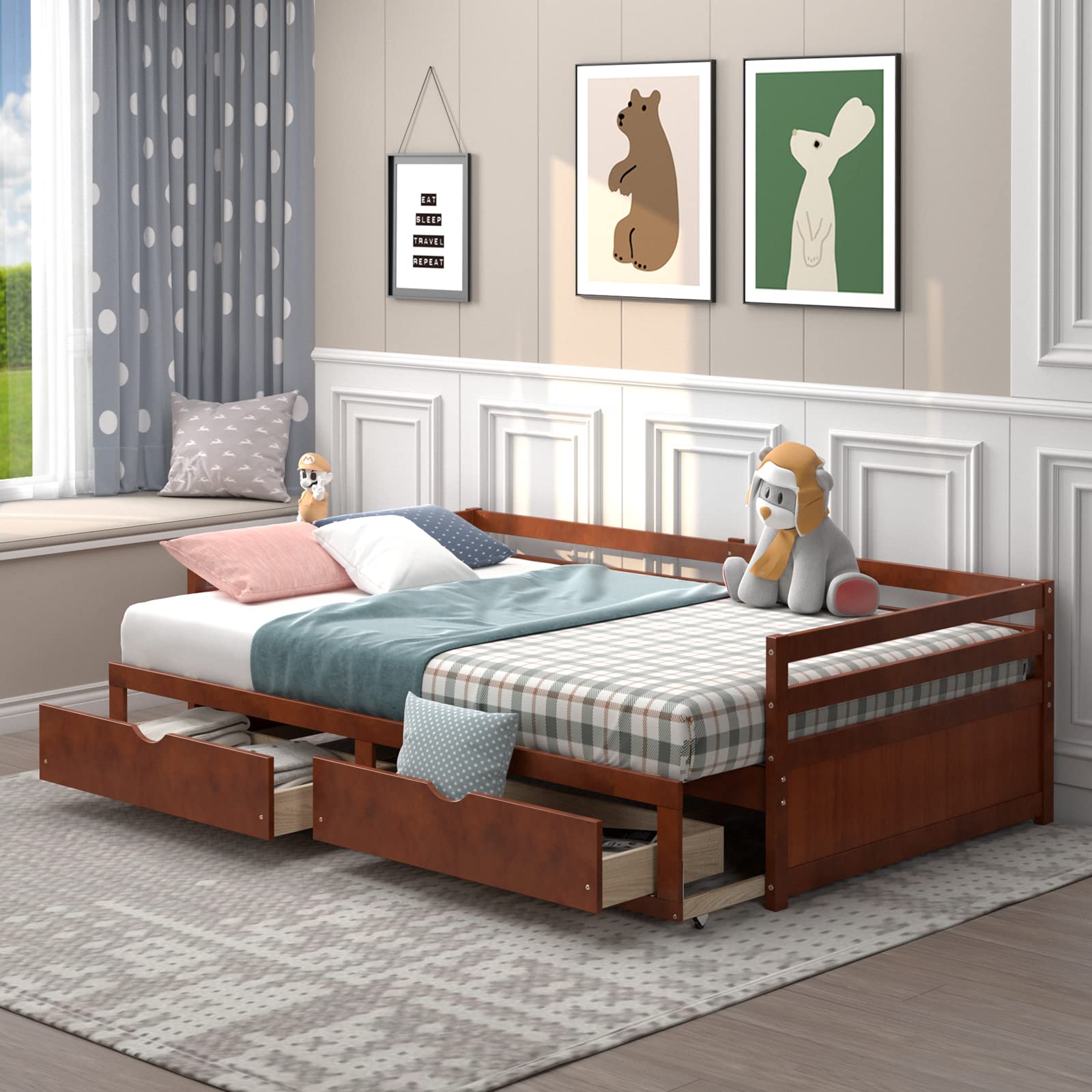 Wood Daybed with Trundle, Extendable Twin to King Daybed Frame with 2 Storage Drawers