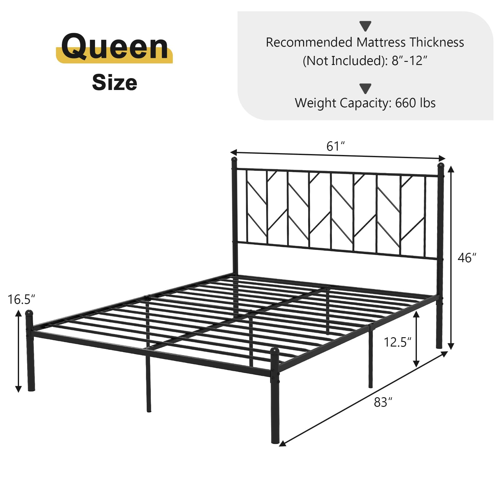 Metal Bed Frame with Victorian Style Headboard, 14 Metal Slats Support
