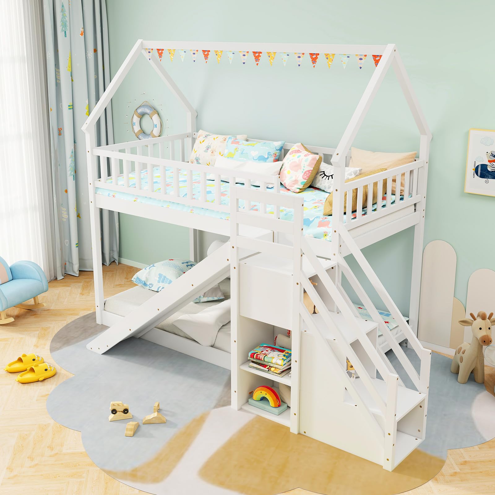 Twin Over Twin  Wood House Bunk Bed with Slide & Stairs, Storage Shelves