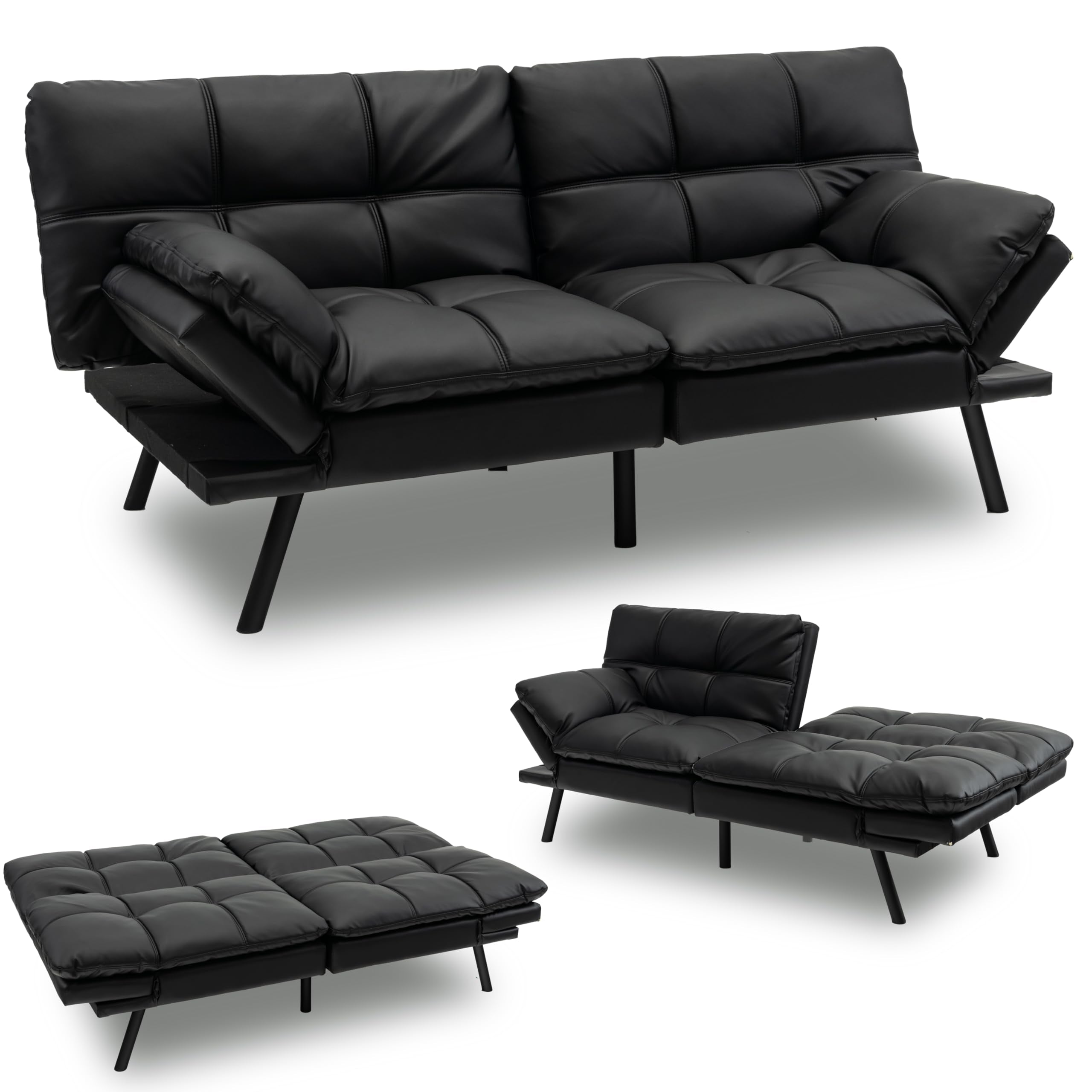 Futon Sofa Bed, Faux Leather Memory Foam Convertible Futon Couch with Adjustable Backrest & Armrests