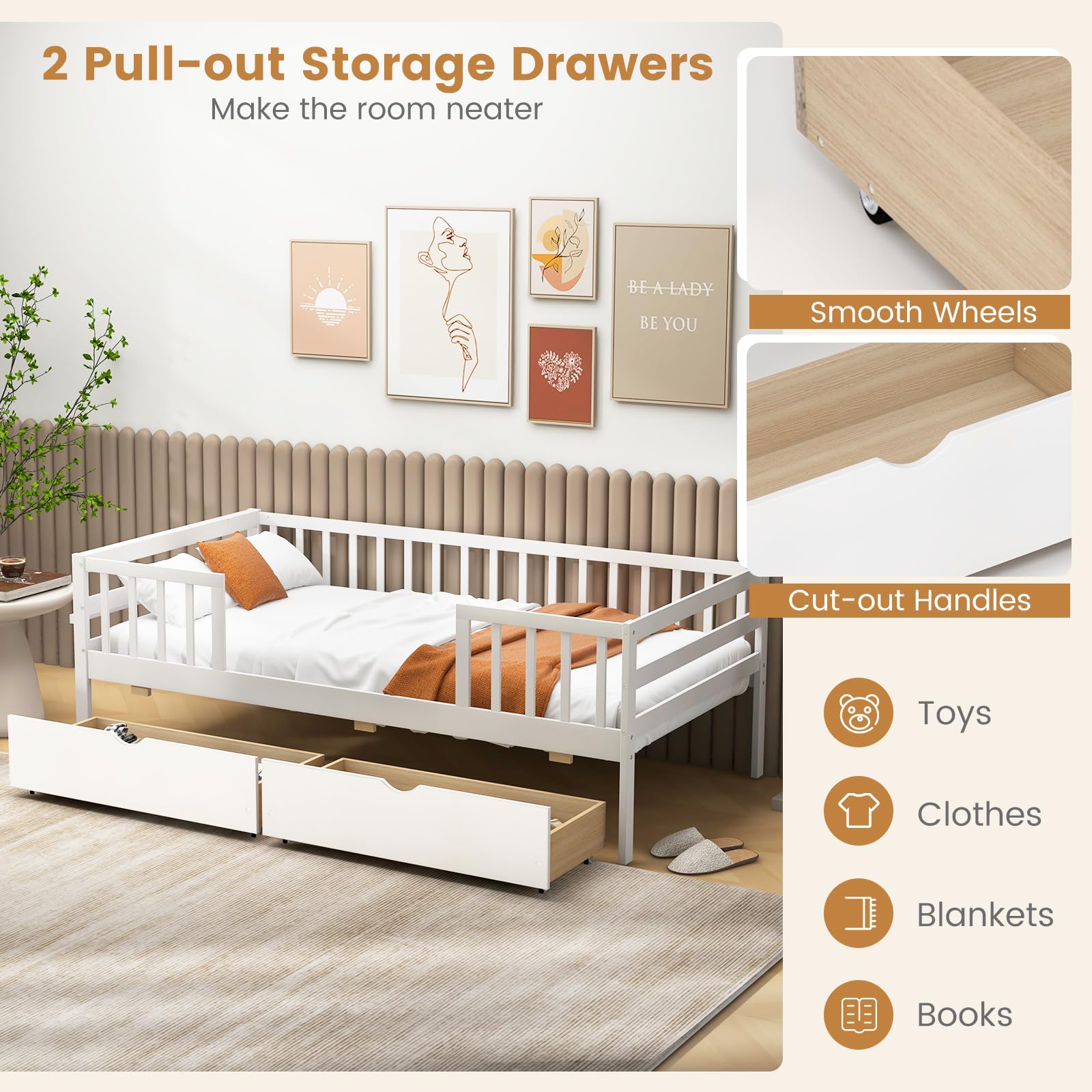 Wood Twin Bed Frame with Fence Rails & 2 Pull-Out Drawers
