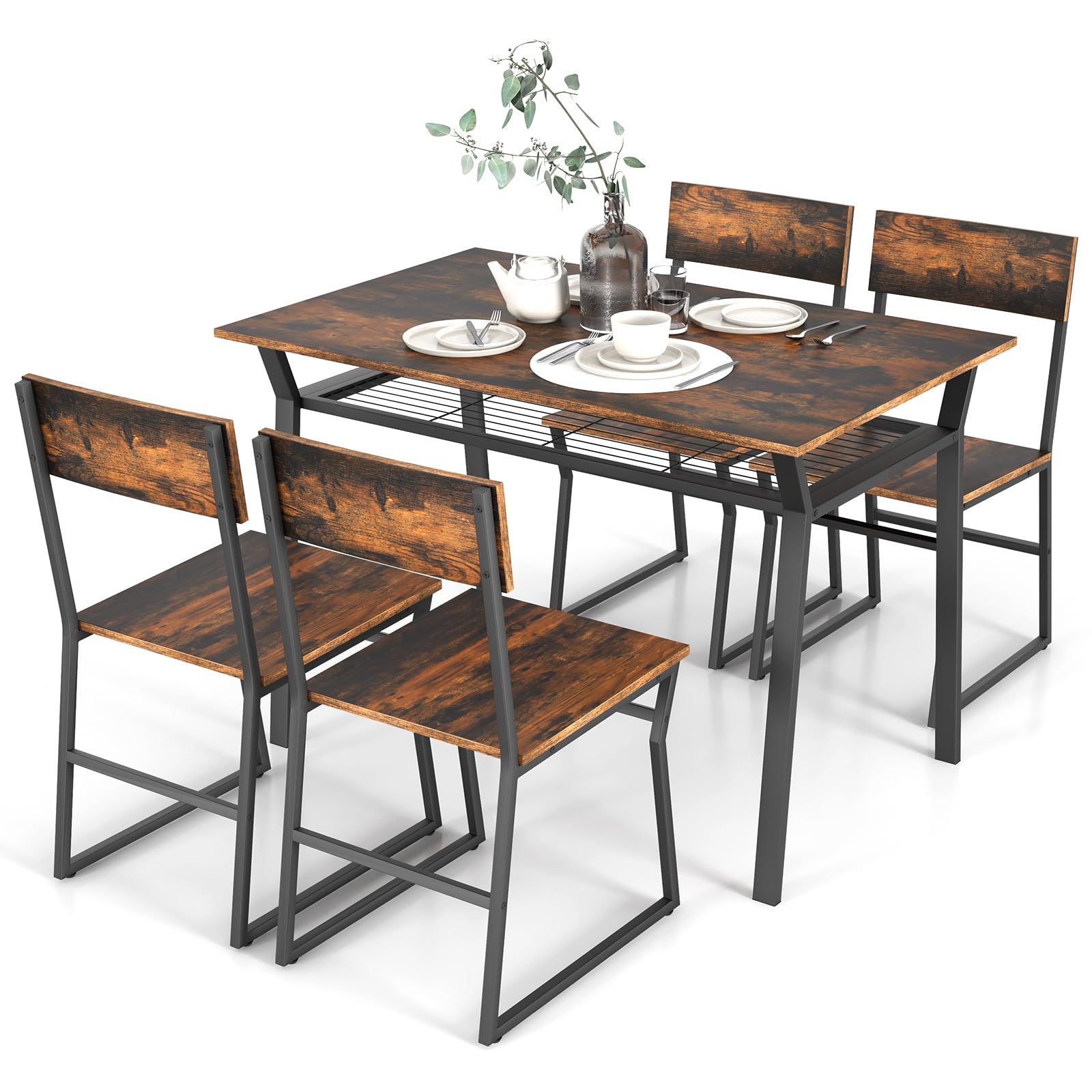 Dining Table Set for 4, 47&rdquo;L x 28&rdquo;W Rectangular Kitchen Table w/ 4 Trapezoid Chairs, Reinforced Metal Frame & Storage Rack