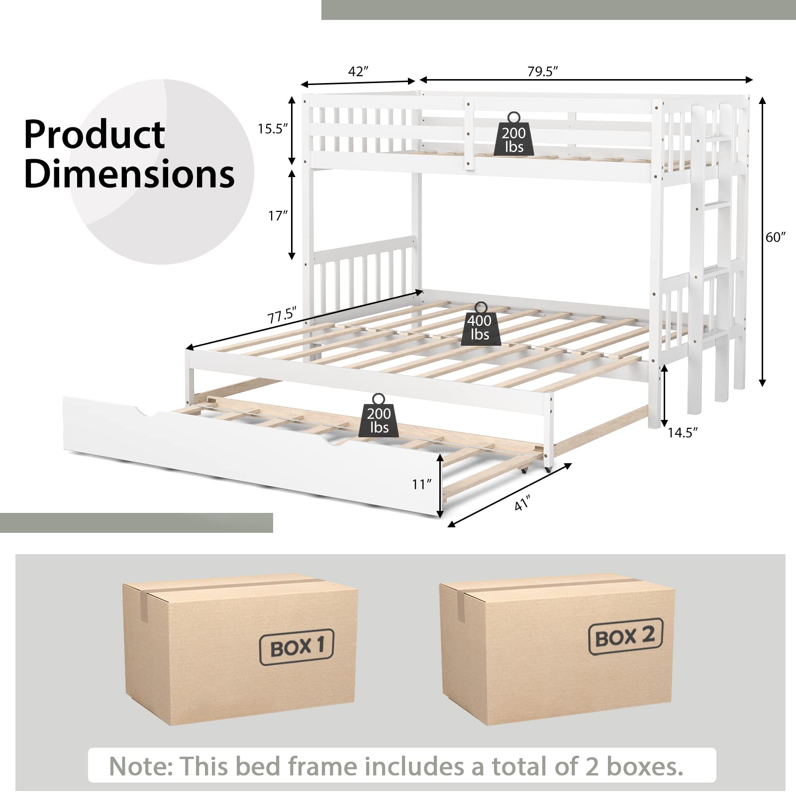 Twin Over Full Bunk Bed with Trundle,  Extendable Twin/Full/Queen/King Bunk Bed