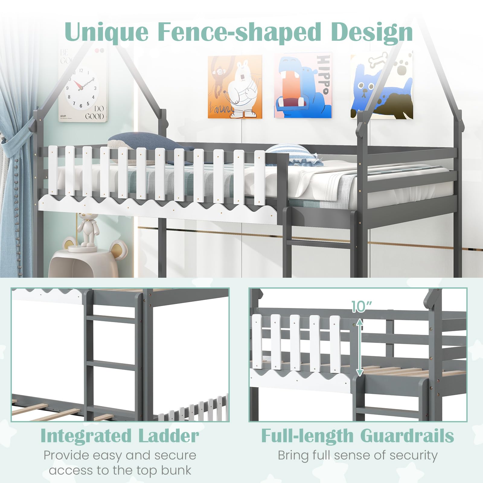 Wood Twin Over Twin House Bunk Bed, Solid Wood Low Bunk Bed with Ladder, Safety Guardrails & Fences