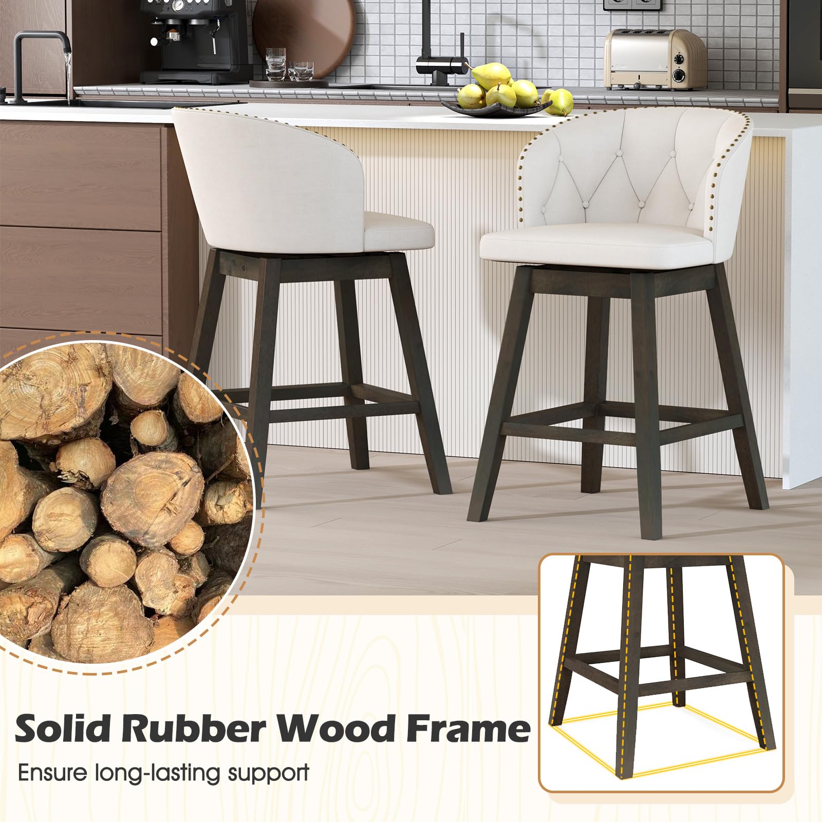 Counter Height Bar Stools Set of 2/4, Fabric Upholstered Island Stools with 360&deg; Swivel Seat & Button-Tufted Back