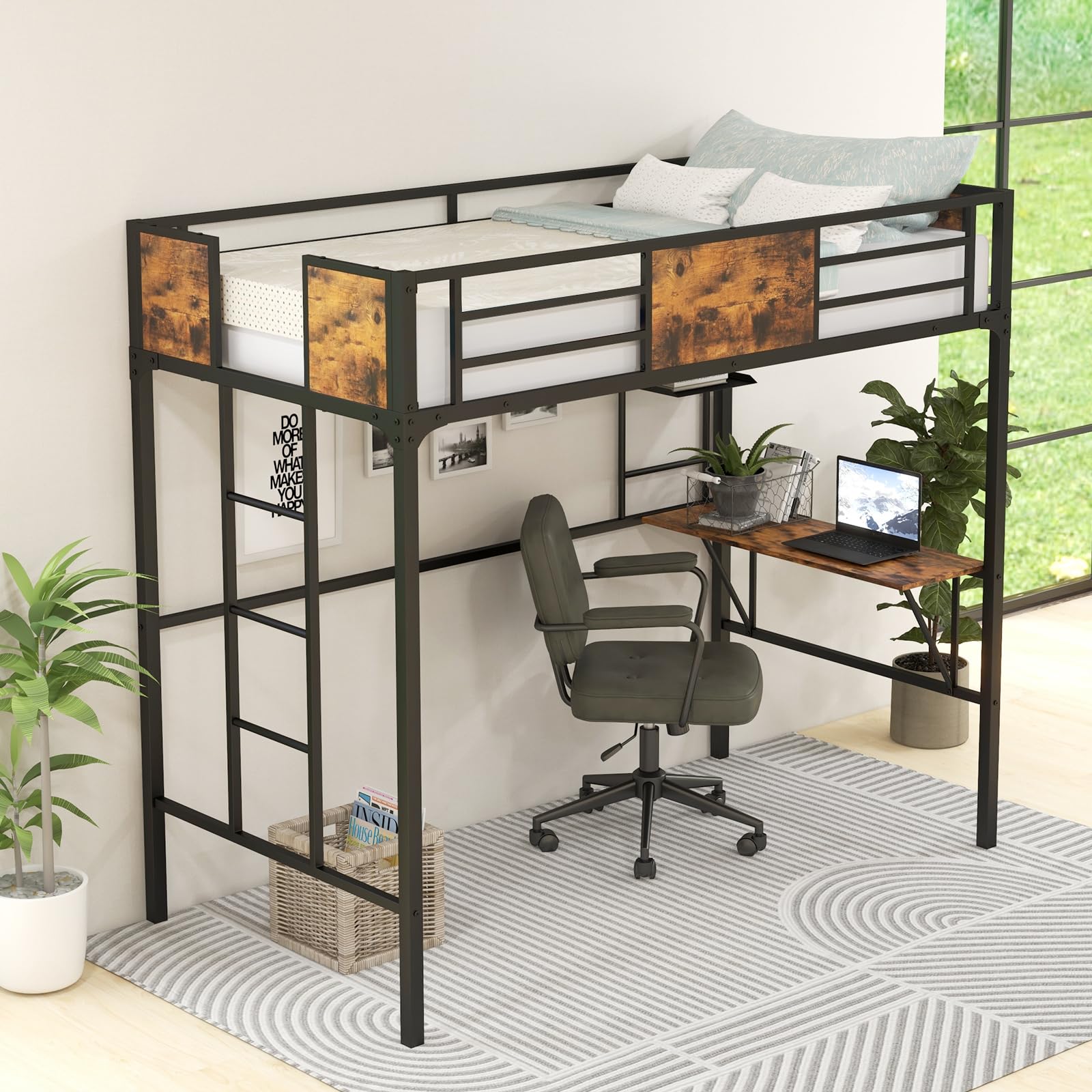 Metal Twin Loft Bed with Desk and Storage Shelf