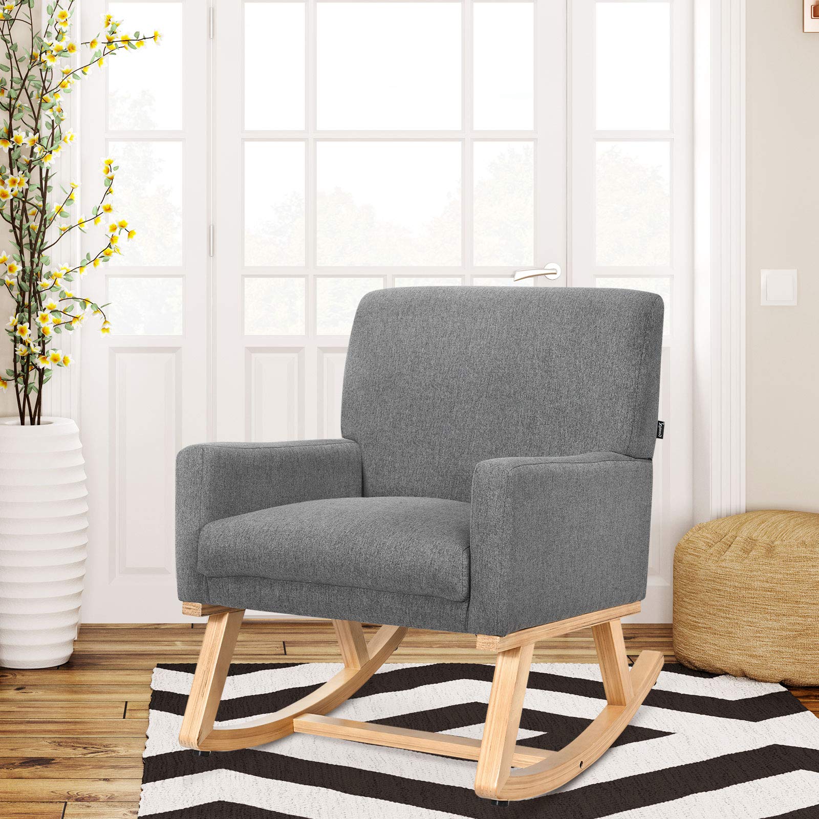 Upholstered Rocking Chair with Fabric Padded Seat and Solid Wood Base