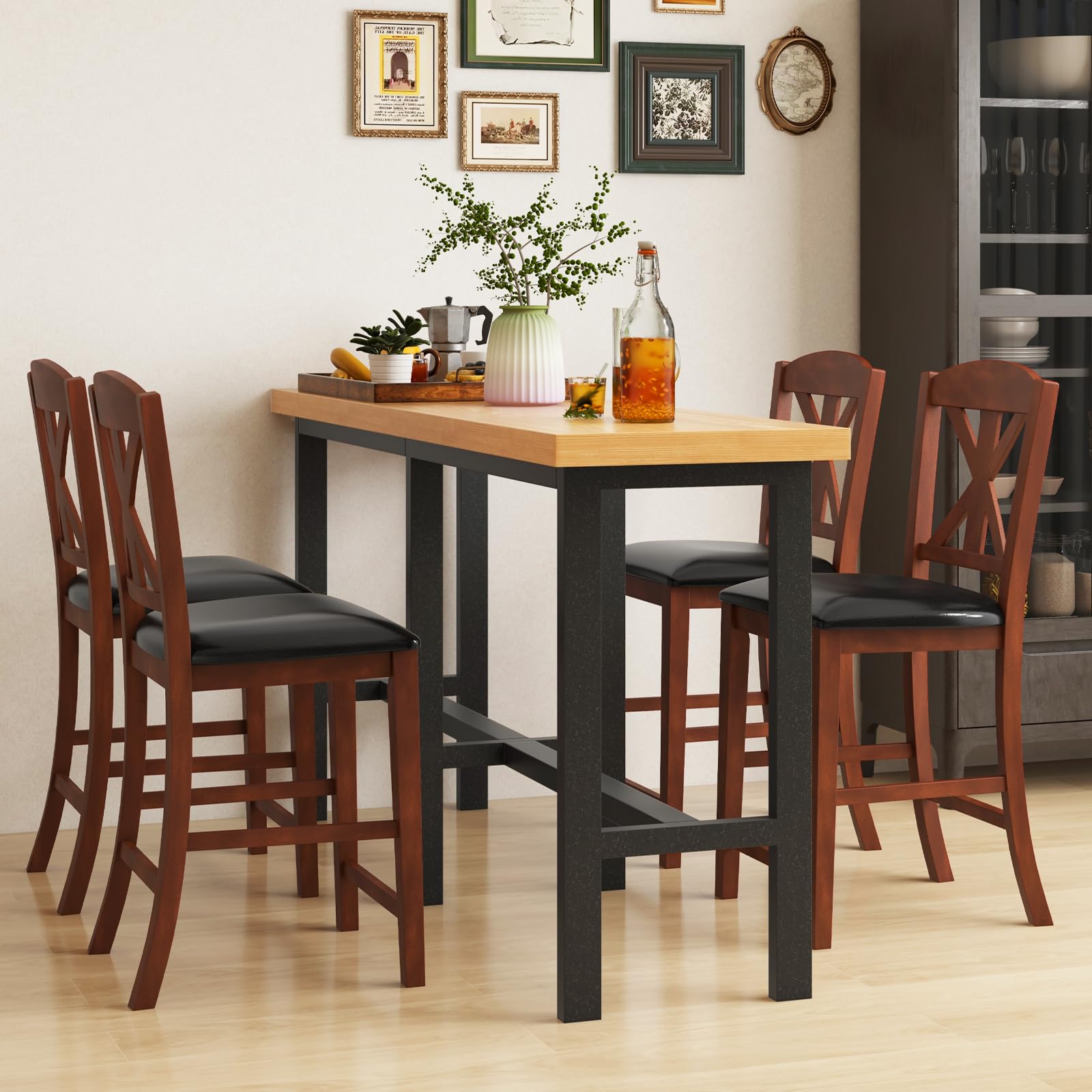 Wood Bar Stools Set of 2/4, 24" Upholstered Counter Height Bar Chairs w/Hollowed High Back, PU Leather, Rubber Wood Legs