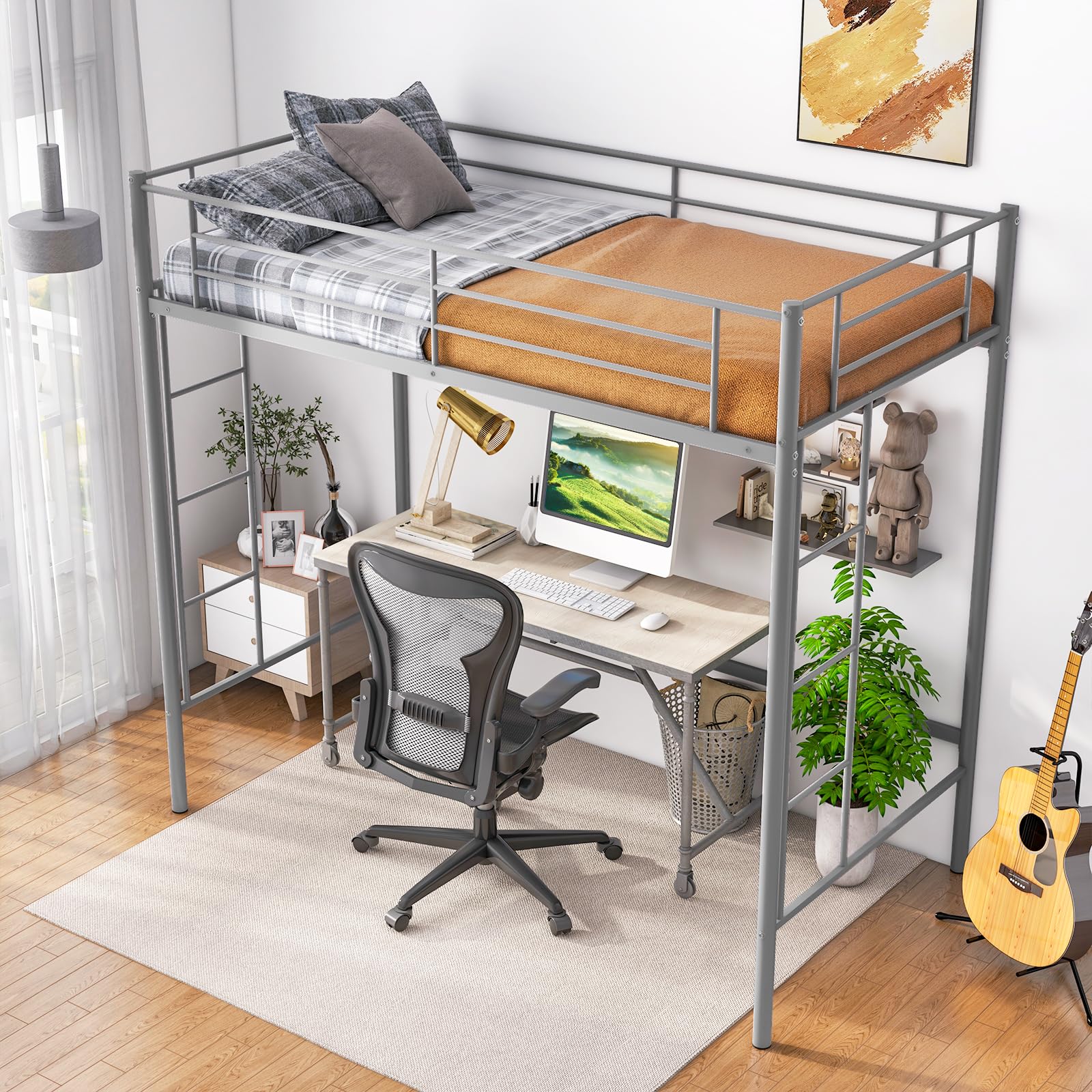 Twin Size Metal Loft Bed with Both Side Ladders & Safety Guardrails
