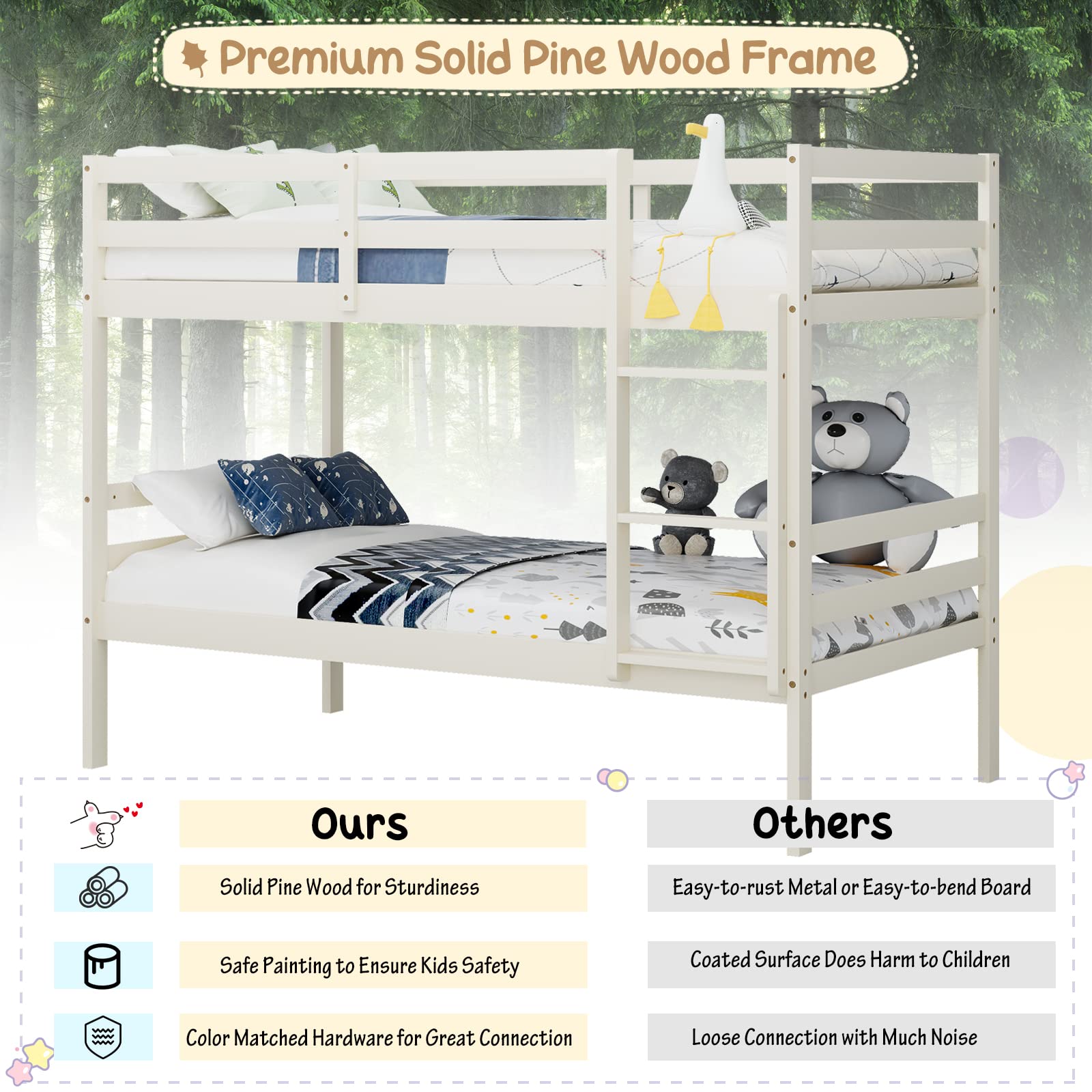 Twin Over Twin Wood Bunk Bed with Ladder & Safety Guardrail