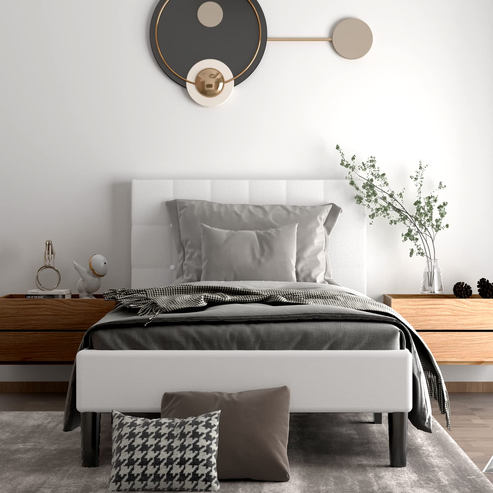 Twin Size Upholstered Bed Frame, Modern Mattress Foundation with Solid Wood Slats Support