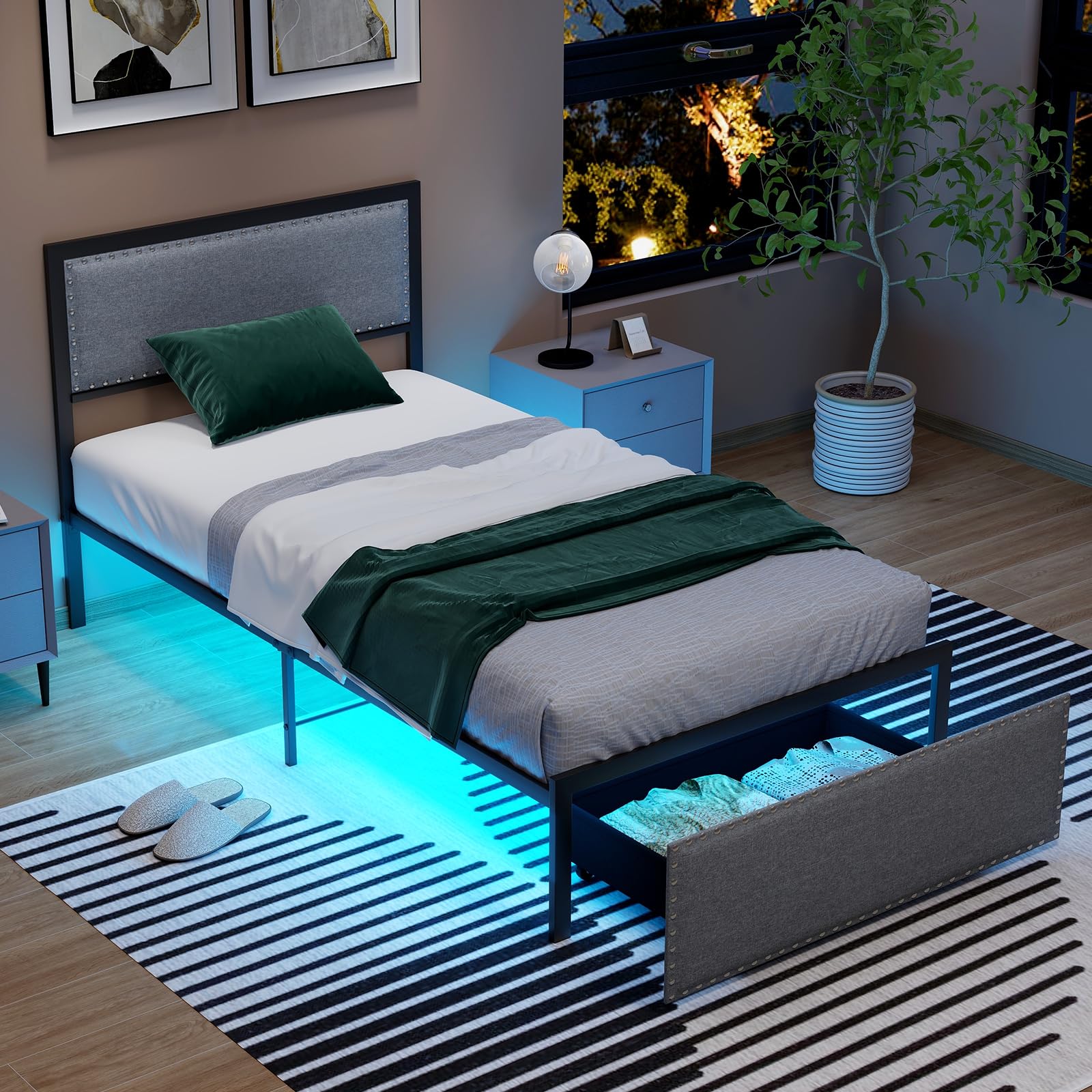  Metal Platform Bed Frame with Storage Drawer
