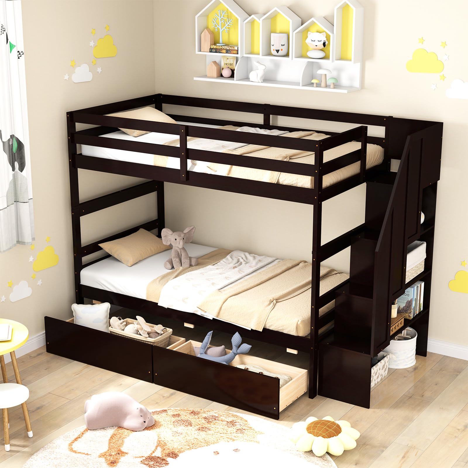 Wood Twin Over Twin Bunk Bed with 2 Storage Drawers & Stairs