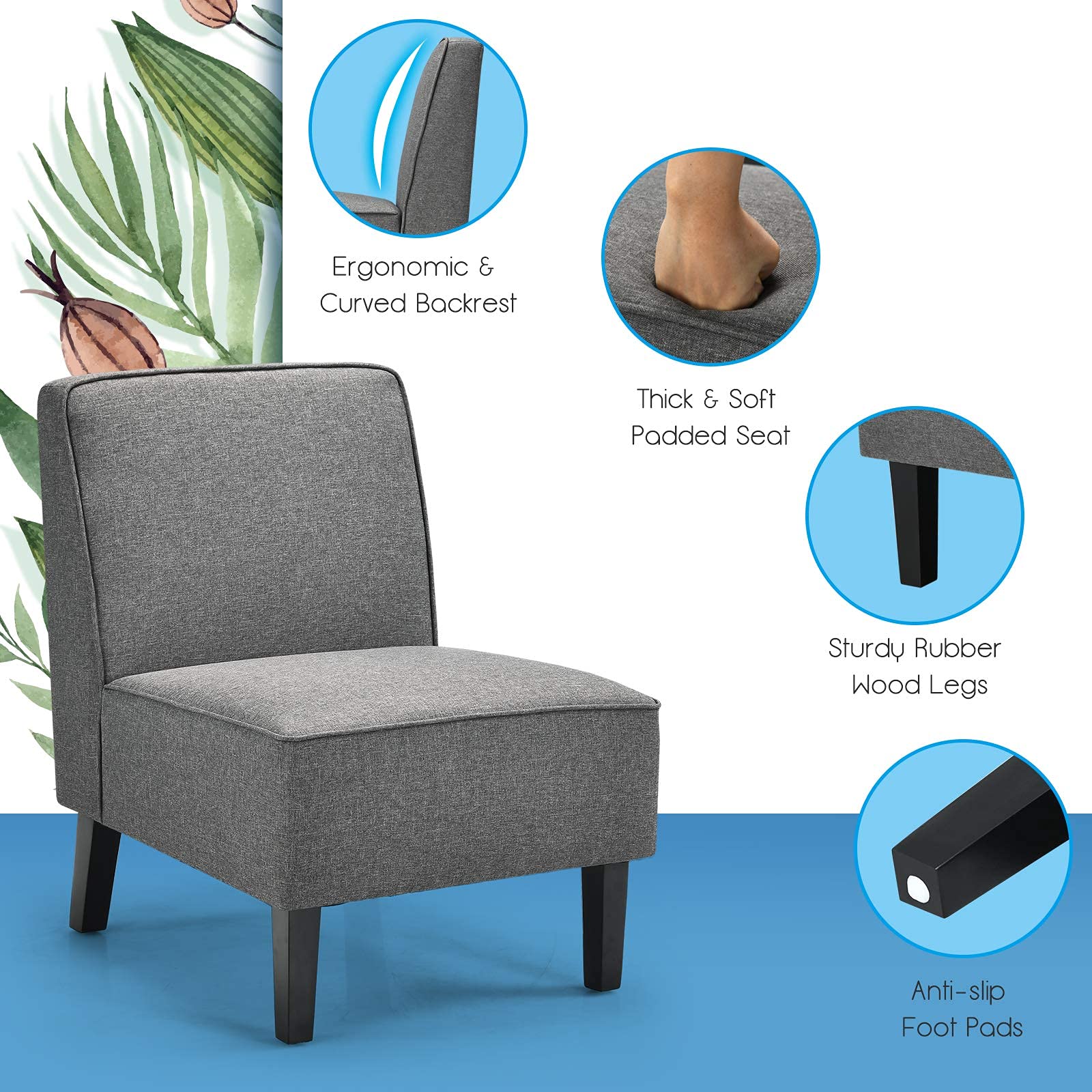 Set of 1/2 Thick Armless Accent Chair with Solid Wood Legs, 9" Thick Sponge Cushion