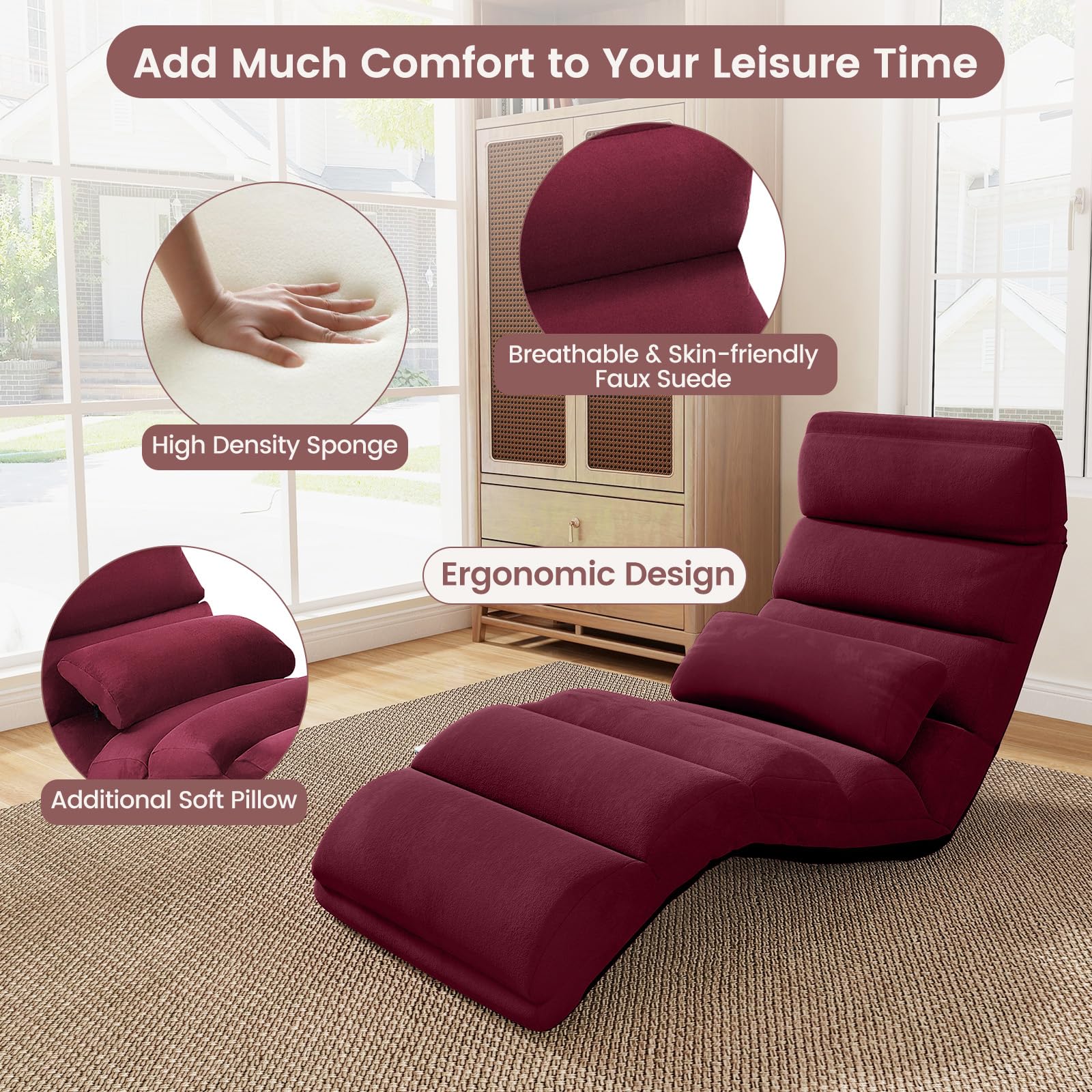 Floor Chairs for Adults, Adjustable 5-Position Floor Lounger with Thick Padded & Pillow