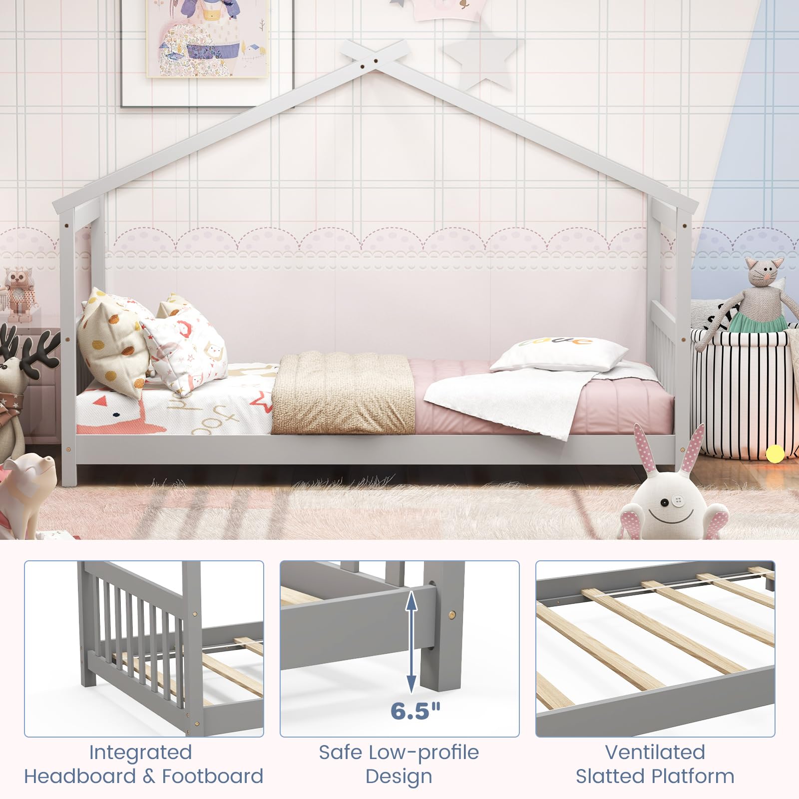 Twin Wood Kids House Bed with Roof, Headboard and Footboard