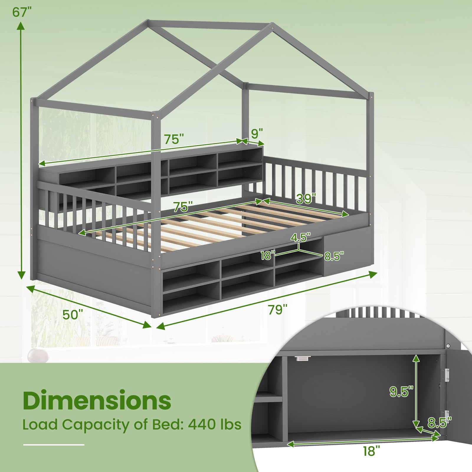 Twin Size House Bed with Storage, Wooden Montessori House Bed with 14 Storage Cubes, Enclosed Cabinet, Wood Slats & Fencing