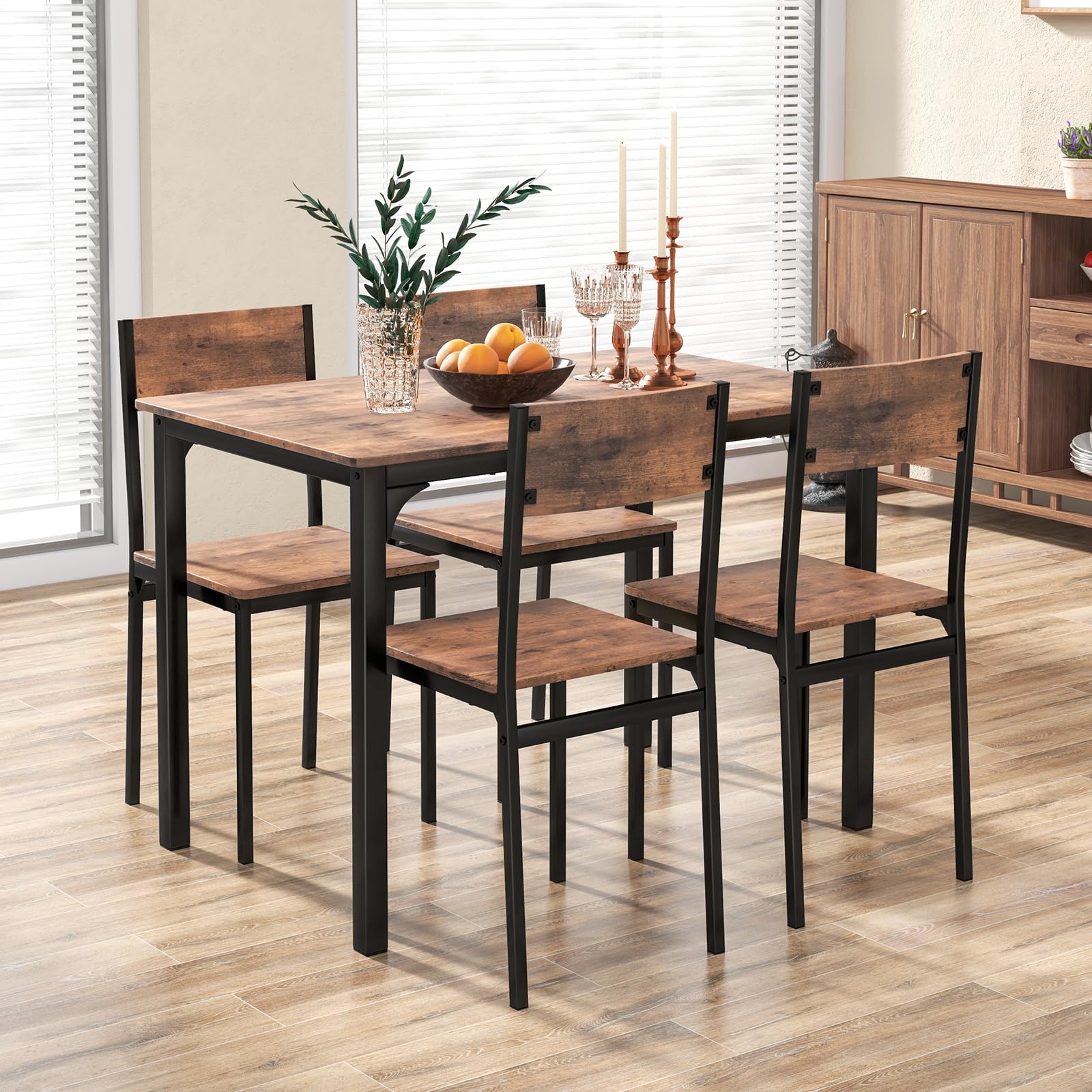 5-Piece Dining Table Set, Industrial Kitchen Table and Chairs for 4 with Backrest and Metal Frame