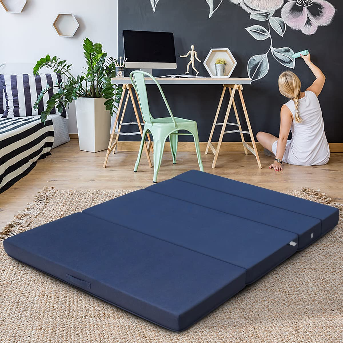 4 Inch Tri Folding Mattress, Foam Mattress with Carrying Handles and Removable Washable Fabric