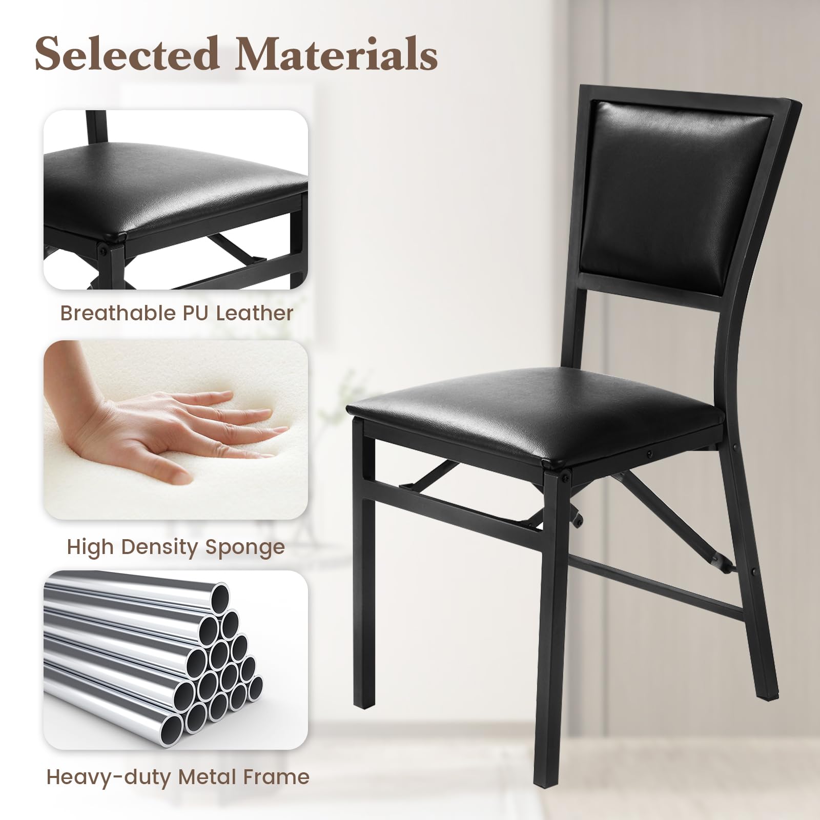Folding Dining Chairs Set of 2/4 with Padded Seats, Sturdy Metal Frame