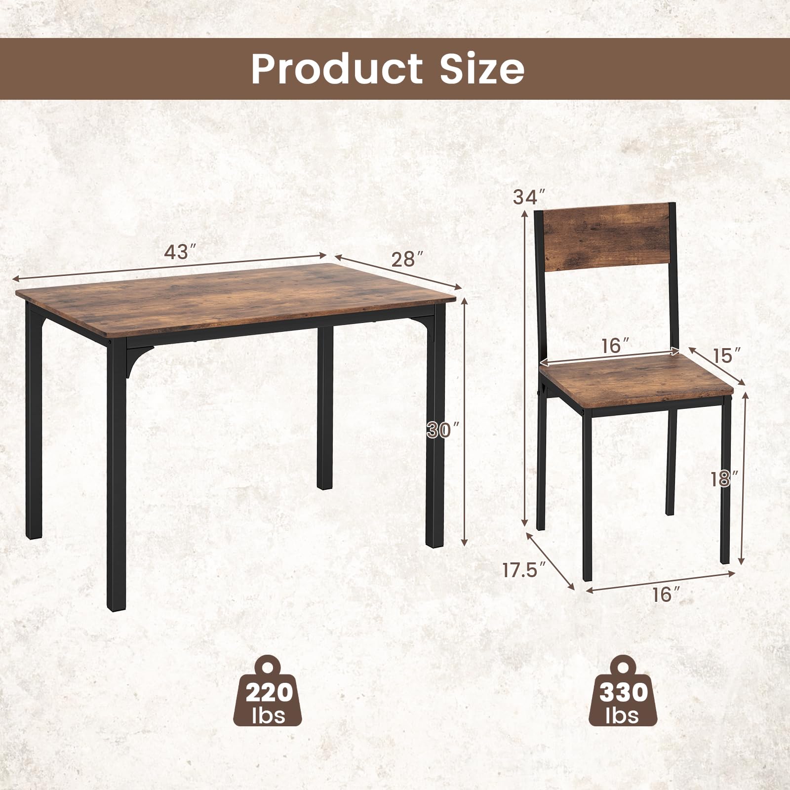 5-Piece Dining Table Set, Industrial Kitchen Table and Chairs for 4 with Backrest and Metal Frame