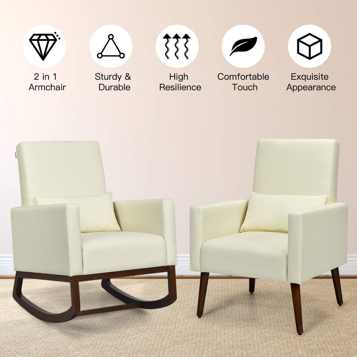 Upholstered Rocking Chair, Modern High Back Armchair, Comfortable Rocker with Fabric Padded Seat, Waist Pillow