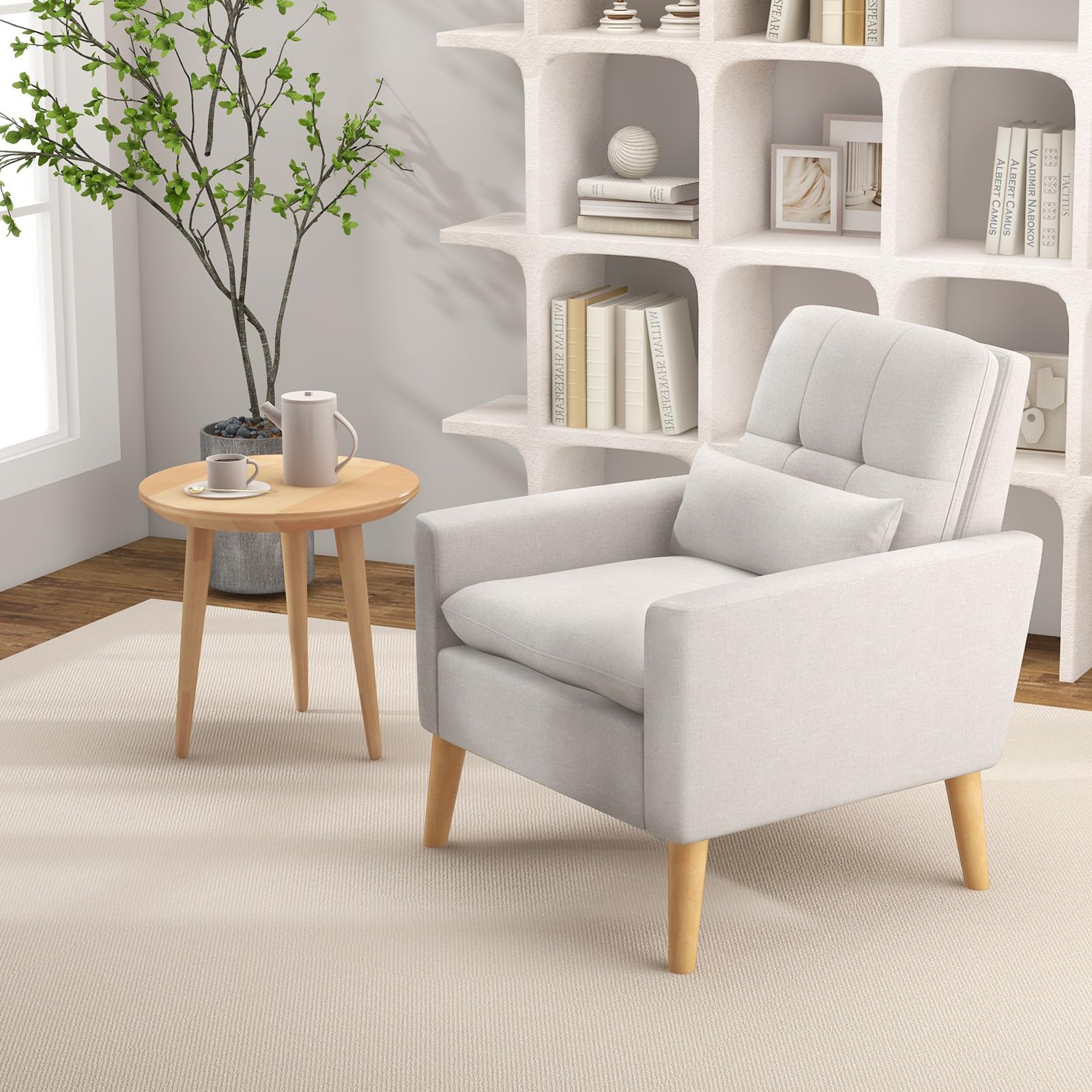 Modern Linen Accent Chair, Upholstered Tufted Armchair with Lumbar Pillow, Rubber Wood Legs, Padded Cushion