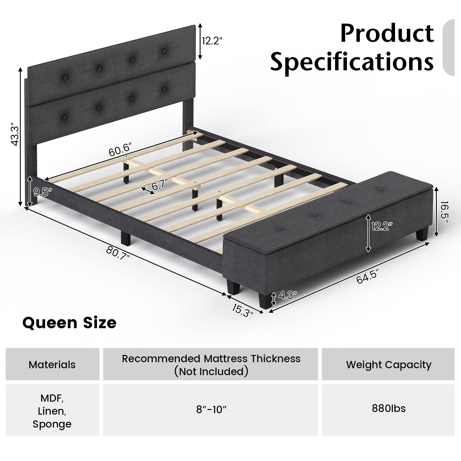 Full/Queen Size Upholstered Bed Frame with Ottoman Storage