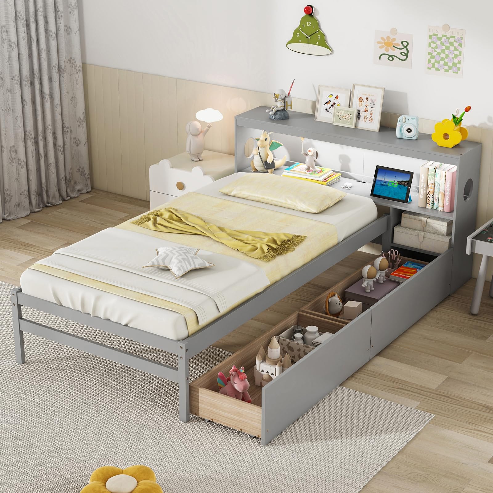 Wood Twin Bed Frame with Storage Drawer & Headboard, Modern Platform Bed with Charging Station & LED Light