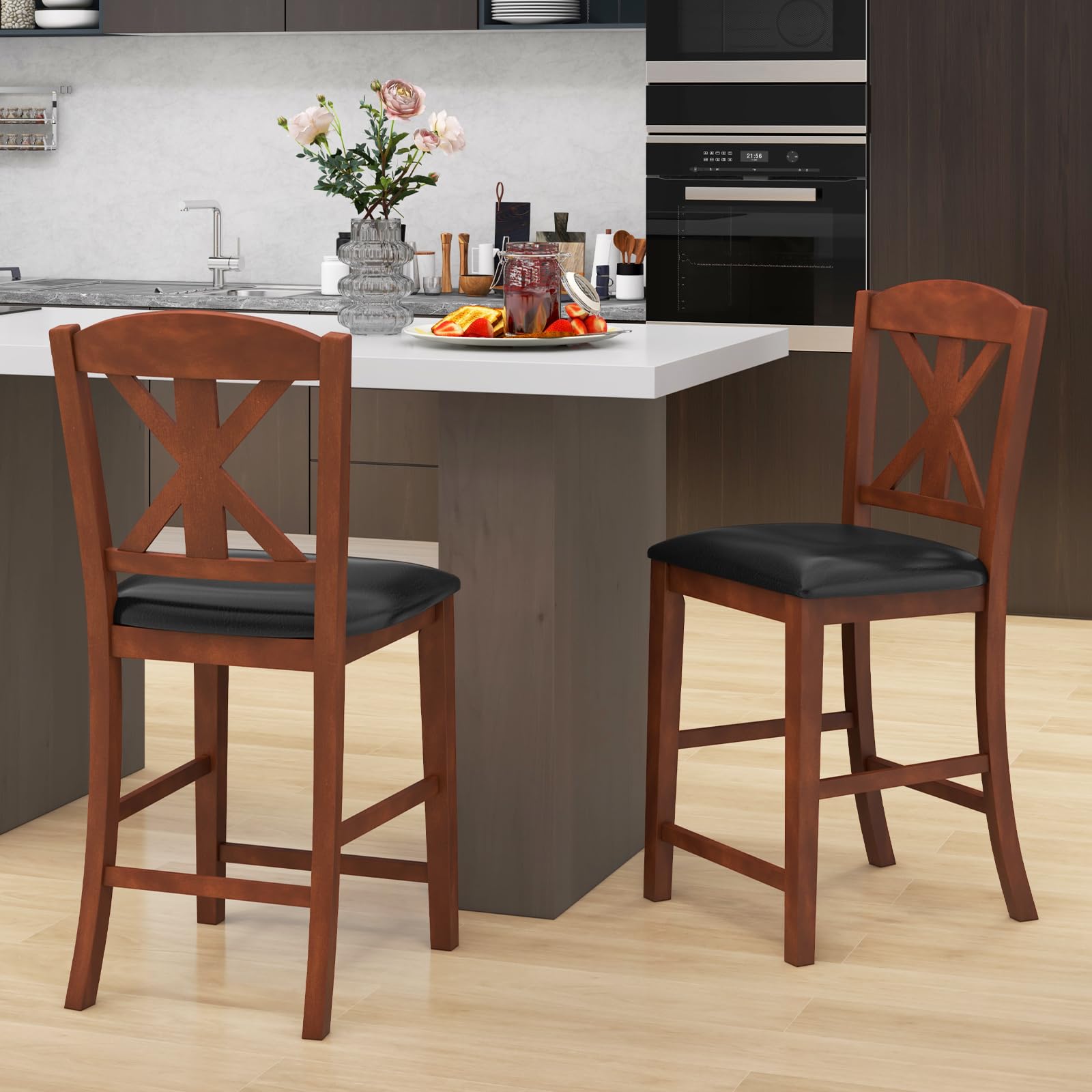 Wood Bar Stools Set of 2/4, 24" Upholstered Counter Height Bar Chairs w/Hollowed High Back, PU Leather, Rubber Wood Legs