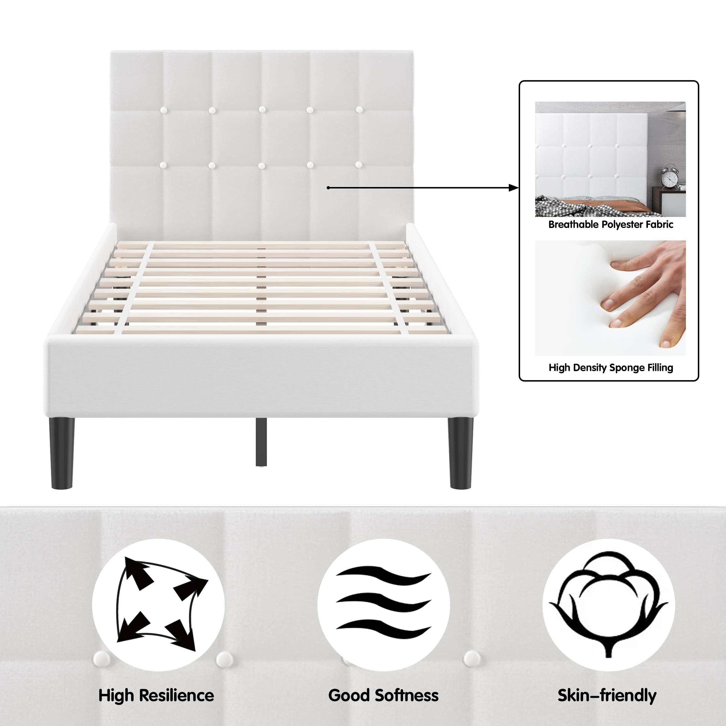 Twin Size Upholstered Bed Frame, Modern Mattress Foundation with Solid Wood Slats Support