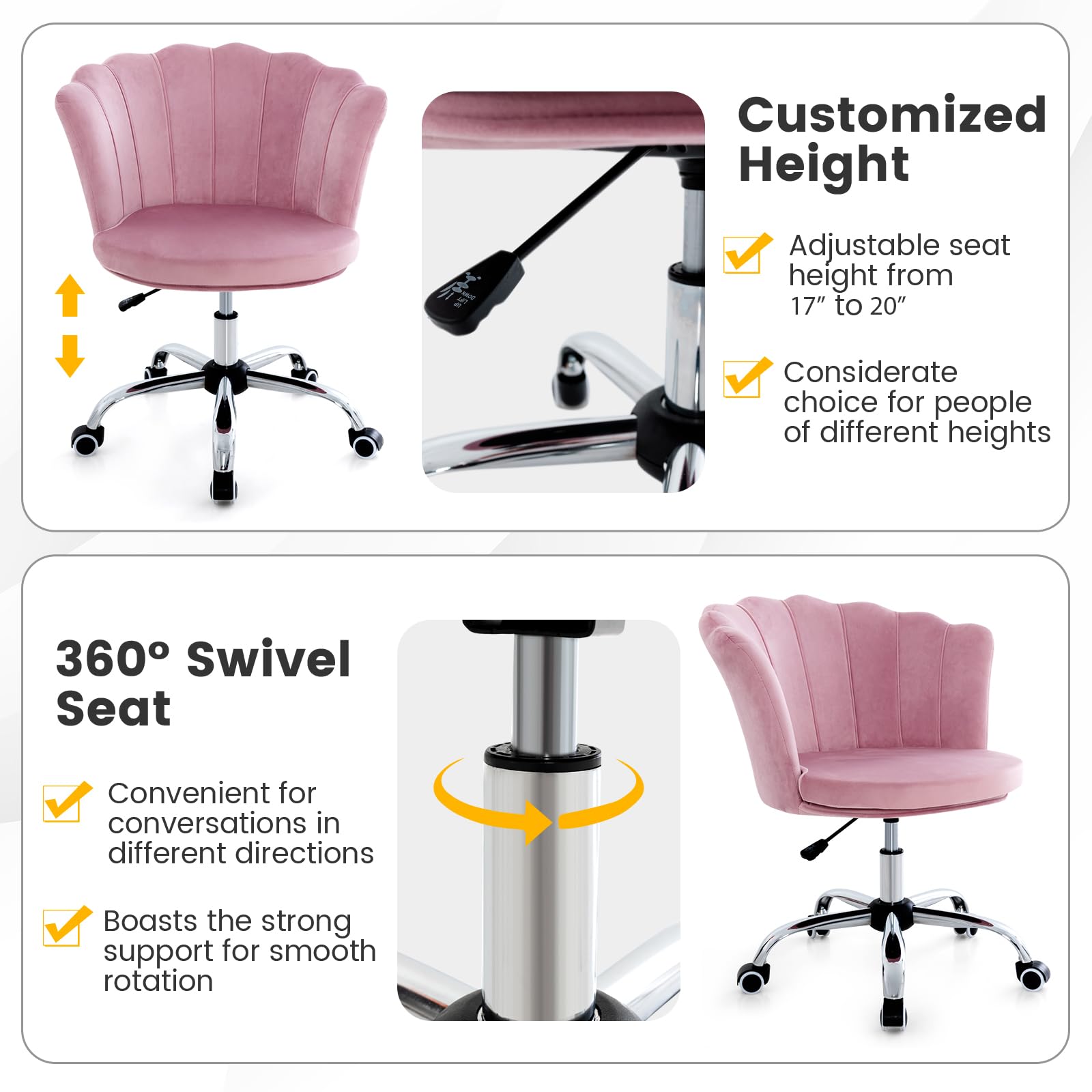 Velvet Office Desk Chair Pink, Modern Vanity Chair with Seashell Back